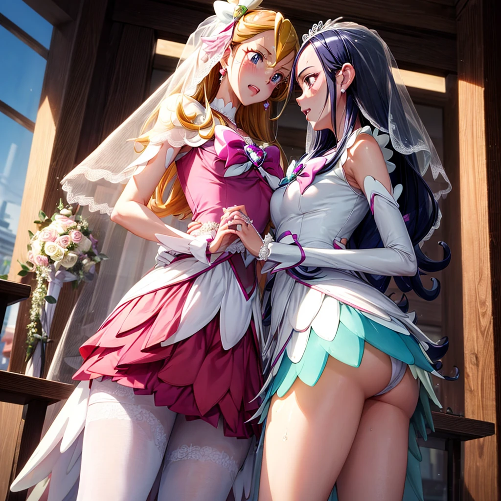 hight resolution, top-quality, ultra-quality, The ultra-detailliert, lighting like a movie、full of sweat、Wearing sweat、(((((sexy precure3people wedding)))))、、、(My whole body is sweaty、after sex、show off your pussy、not wearing underwear、accurate anatomy、beautiful nipples、、angry face、blush、)、Obscene atmosphere、Front Camera Angle
