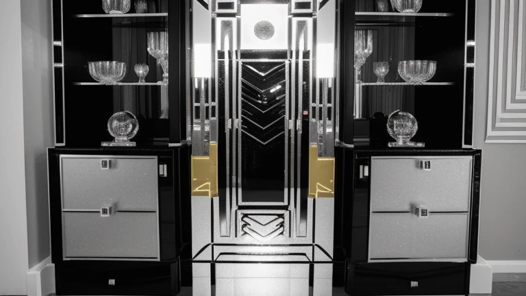 RAW photo in sequence, an image of an art deco environment, ((visible art deco furniture details, cabinet, mesa, sofa, luzes naturais, contraste alto, HDR, foto realista, foto profissional, Interaction with the viewer, estilo visual atraente, fotorrealista, elegante, materiais nobres, detalhes finos, luces reflejadas, 4k UHD, alta qualidade, art deco effects, Leica Q2 Monochrom)

In this sequence of raw photos, an image of an Art