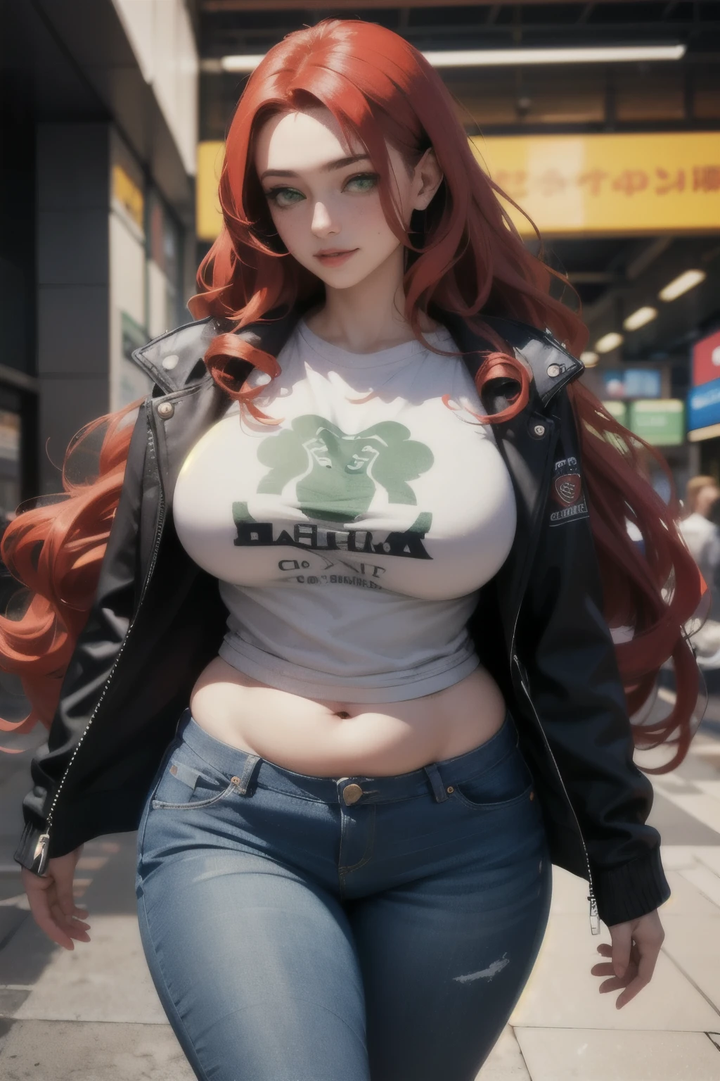 ((best quality)), ((masterpiece)), (detailed), 1woman, older woman, mature woman, ((extra long curly and wavy hair, red hair)), ((green eyes, vibrant eyes, empty eyes)), [freckles, body freckles], ((large breasts)), ((Plump)), ((thighs)), not asian, (Irish), wearing a graphical tee-shirt with a oversized jacket over it, voyfriend jeans, mechanical arms, cyberpunk aesthetic, high tech city in the background, machines