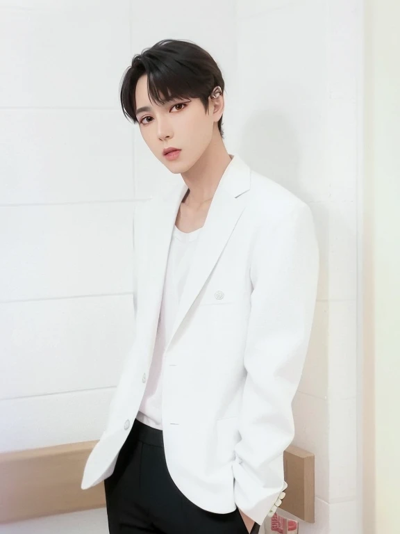 Sunoo arafed in a white jacket and black pants standing in a bathroom., cai xukun, hyung tae, Jung Jaehyun, Won Bin Lee, kim doyoung, Jinyoung Shin, inspirado en jeonseok lee, TaesunooKim, oficial photos, enhypen shin jeongho, sakimichan, oficial photo, yanjun chengt,sunoo