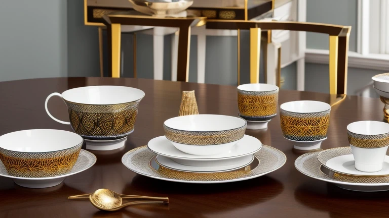 A captivating collection of Art Deco tableware, adorned with intricate geometric patterns and vibrant colors, exuding an aura of elegance and luxury, hyper-realistic, detailed, 8K.

The set features luminous glazes on its surfaces, reflecting light in mesmerizing ways, showcasing the exquisite craftsmanship of the artist, HDR, 8K.

The tableware set includes plates, bowls, and cups, each piece featuring intricate details and precise lines, evoking a feeling of sophistication, super-detailed, highly-realistic, 8K.

This Art Deco tableware exudes