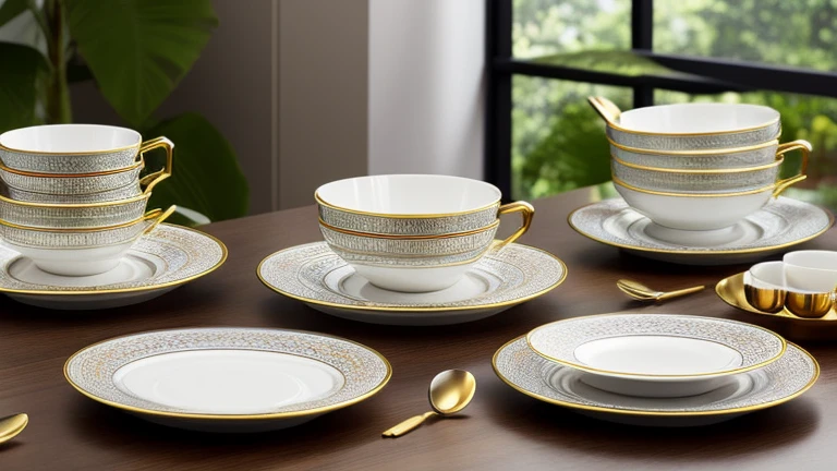 A captivating collection of Art Deco tableware, adorned with intricate geometric patterns and vibrant colors, exuding an aura of elegance and luxury, hyper-realistic, detailed, 8K.
The set features luminous glazes on its surfaces, reflecting light in mesmerizing ways, showcasing the exquisite craftsmanship of the artist, HDR, 8K.
The tableware set includes plates, bowls, and cups, each piece featuring intricate details and precise lines, evoking a feeling of sophistication, super-detailed, highly-realistic, 8K.
This Art Deco tableware exudes