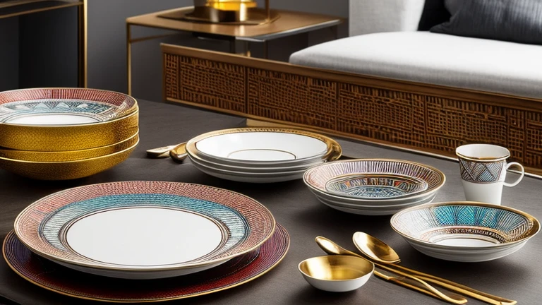 A captivating collection of Art Deco tableware, adorned with intricate geometric patterns and vibrant colors, exuding an aura of elegance and luxury, hyper-realistic, detailed, 8K.

The set features luminous glazes on its surfaces, reflecting light in mesmerizing ways, showcasing the exquisite craftsmanship of the artist, HDR, 8K.

The tableware set includes plates, bowls, and cups, each piece featuring intricate details and precise lines, evoking a feeling of sophistication, super-detailed, highly-realistic, 8K.

This Art Deco tableware exudes