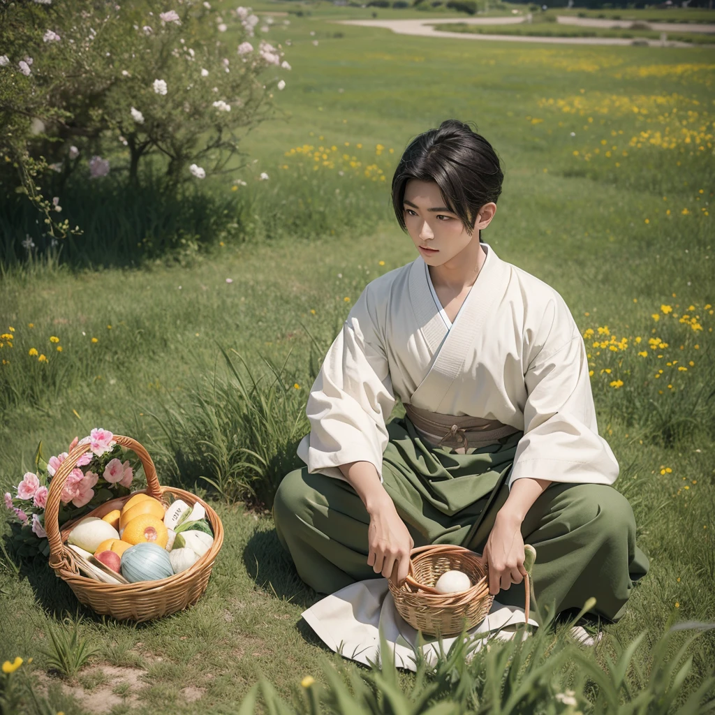 High resolution, Super detailed, masterpiece, highest quality,oriental、boy、boy working in the field、grassland、Basket Bag、Wearing traditional Japanese costumes、Japan ancient hairstyles、game poster、alone、