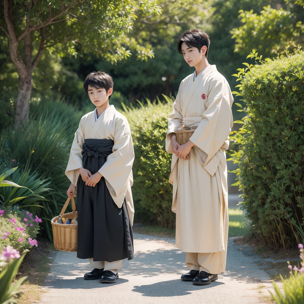 High resolution, Super detailed, masterpiece, highest quality,oriental、boy、boy working in the field、grassland、Basket Bag、Wearing traditional Japanese costumes、Japan ancient hairstyles、game poster、alone、