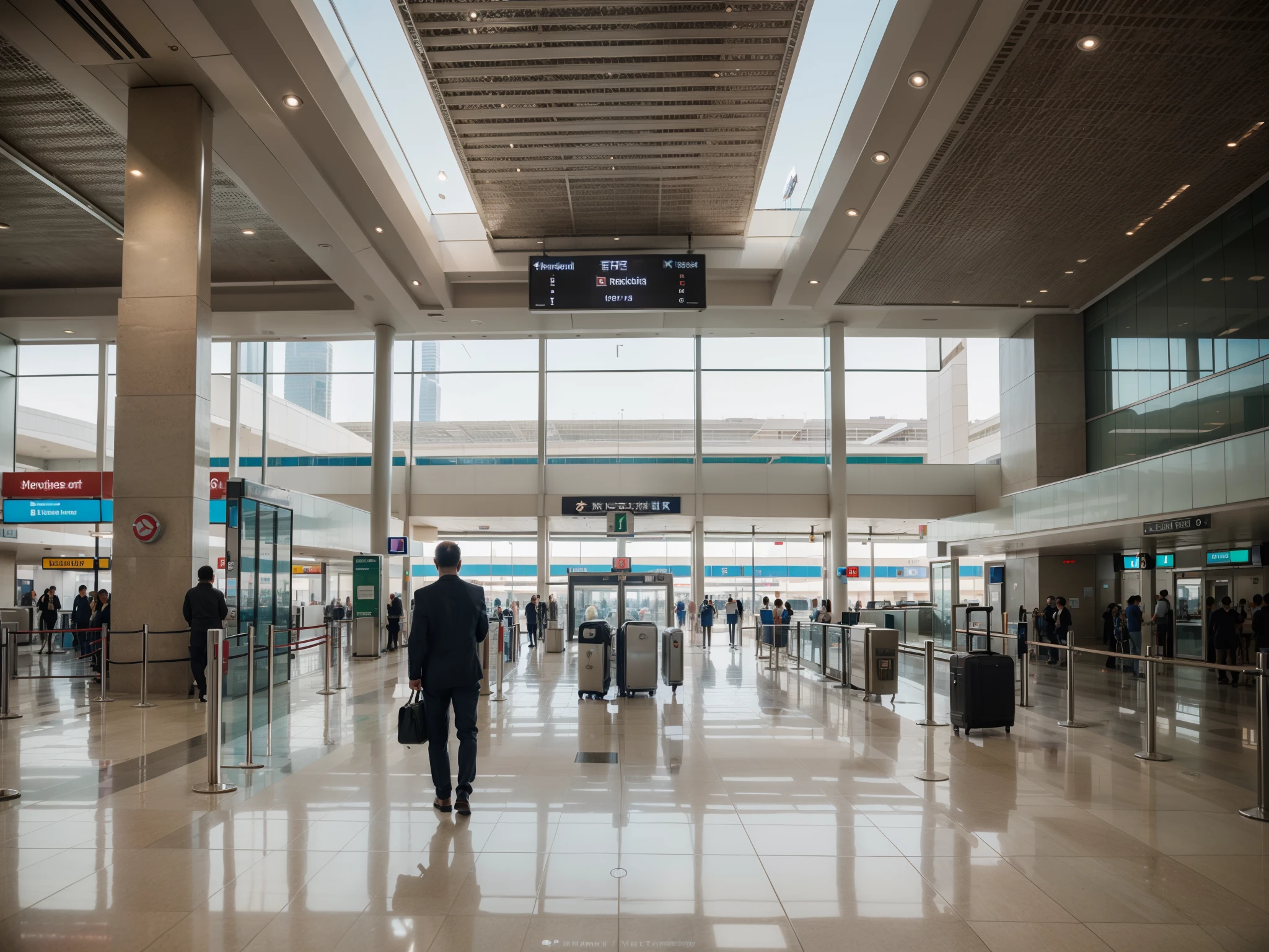 a photography indoor, airport of Dubai, people, 8k, highly detailed, 80 mm.