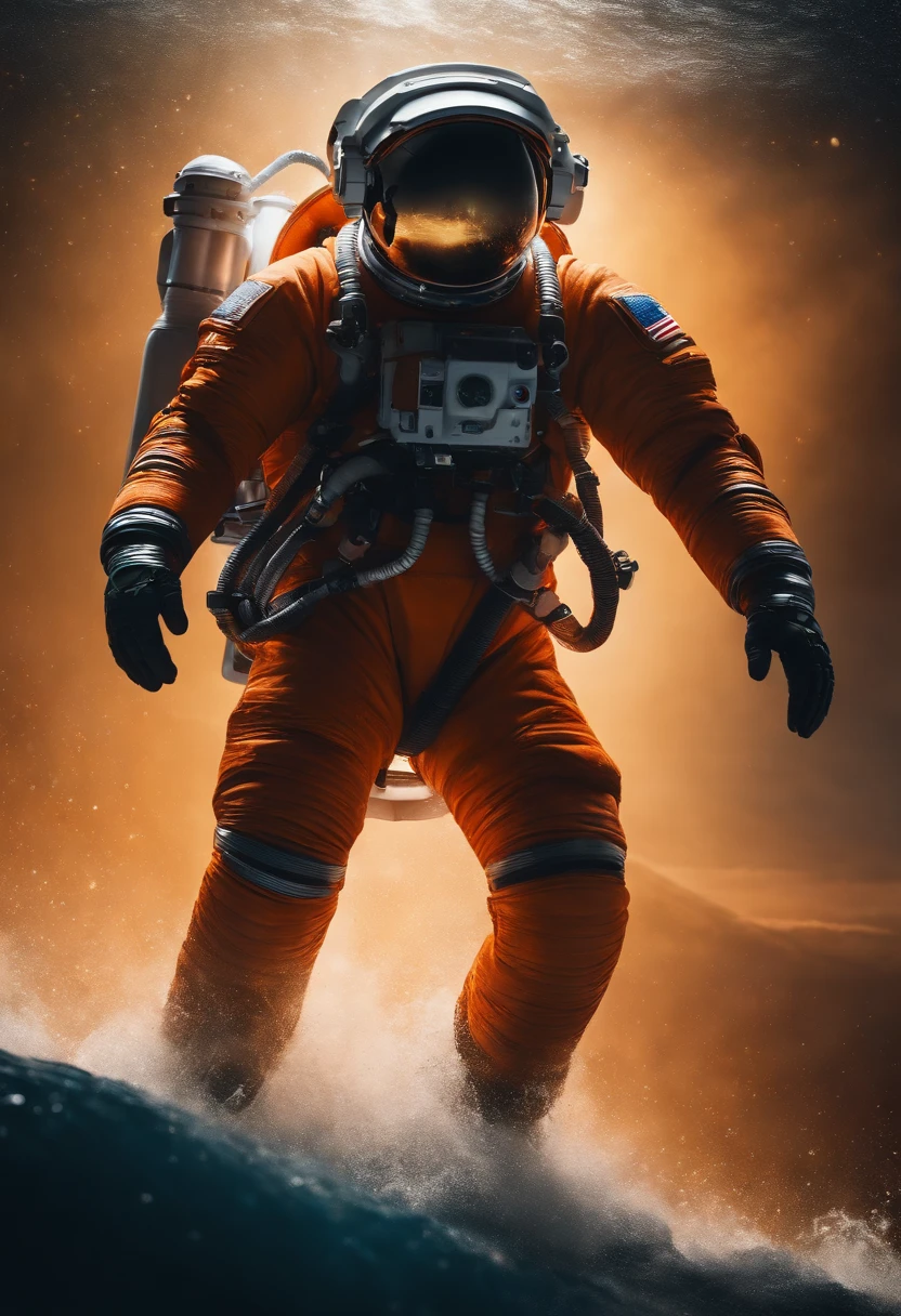 An astronaut in a black and orange space suit falling to the deep depths of the ocean, no bad body, no missing fingers, no fused fingers, no extra arms, sci-fi, rtx on, gigantic scale