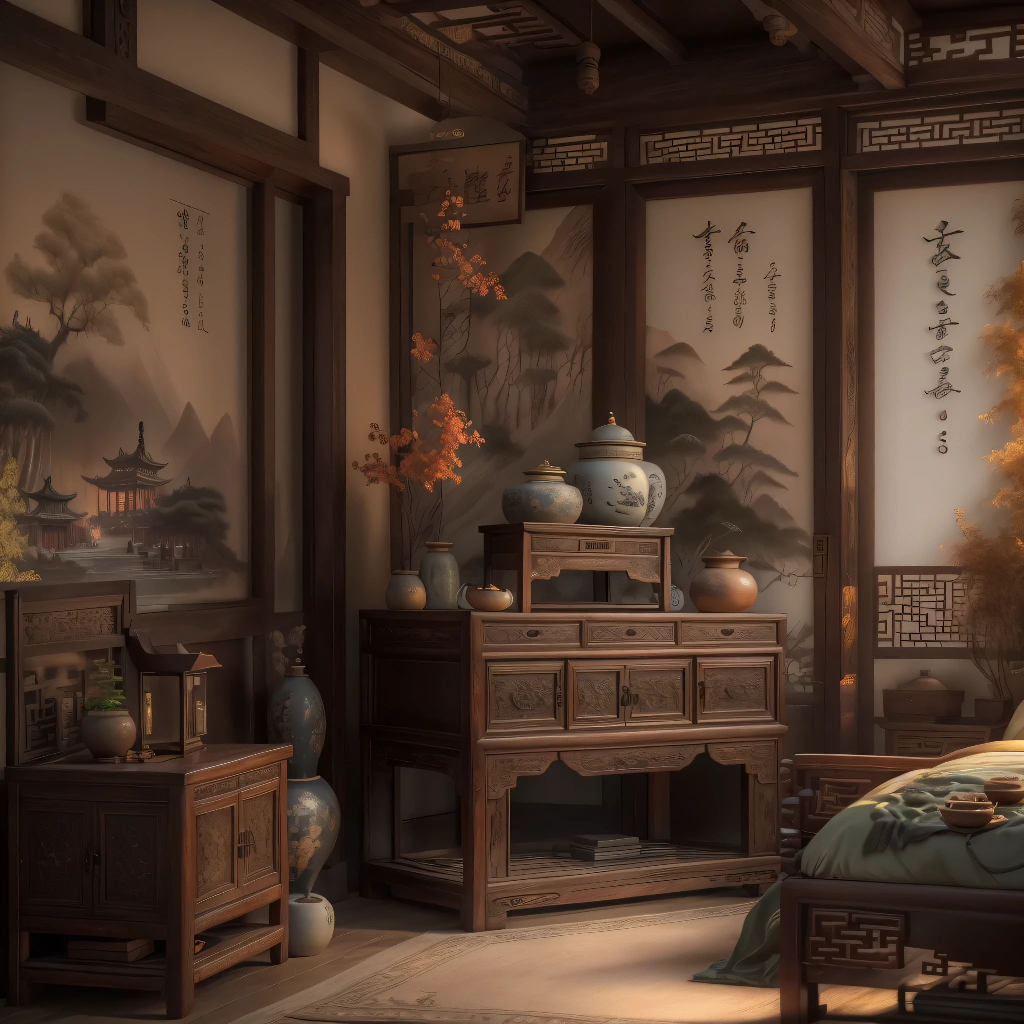 A traditional Chinese bedroom with antique wooden furniture, delicate carvings, and soft lighting, featuring ancient-style doors and elegant window coverings, ornate zither quietly placed in the corner, ink paintings hanging on the wall, exquisite jade carvings by the window, fragrant aroma diffusing throughout the room, displaying elegant calligraphy and antique artifacts, exuding a rich cultural atmosphere. (best quality,4k,8k,highres,masterpiece:1.2),ultra-detailed,(realistic,photorealistic,photo-realistic:1.37),traditional Chinese landscape,antique artistry,subtle and warm color palette,soft and natural lighting.