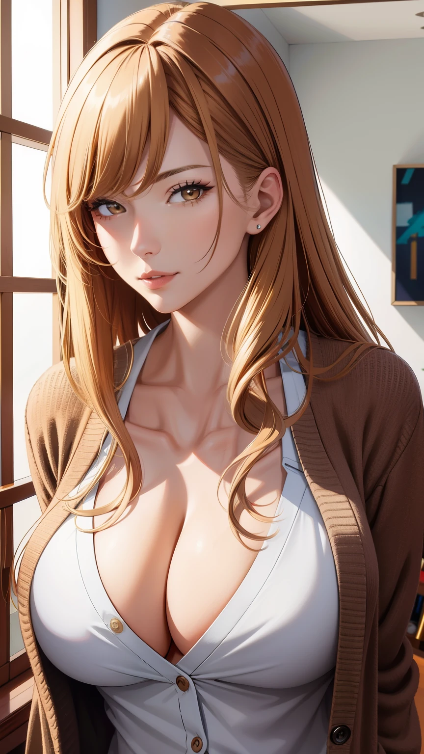 (best quality, highres), cool adult woman, elegant, confident pose, long hair, swept-side bang, [[[brown hair]]], blonde hair, cardigan, t-clothes, cleavage, brown eyes, inside house, detailed facial features, vibrant colors