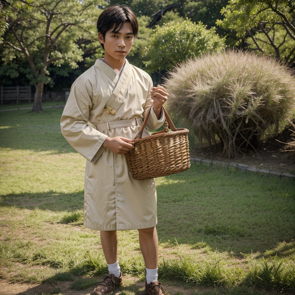 High resolution, Super detailed, masterpiece, highest quality,oriental、boy、boy working in the field、grassland、Basket Bag、Wearing traditional Japanese costumes、Japan ancient hairstyles、game poster、alone、