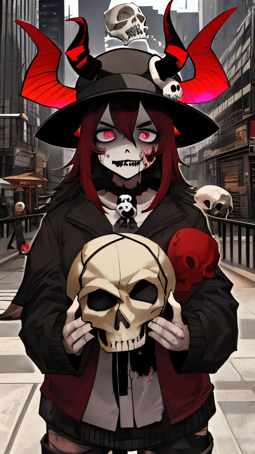 Supreme Demon, in Hat,with a skull,In the mantle,with bruises, in a modern city