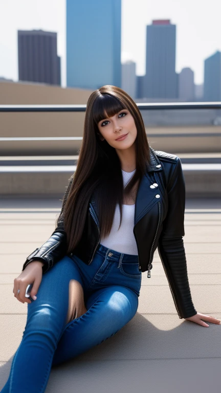 Full body realism, dark hair woman, a ponytail on her head, bangs falling on her face, beautiful hairstyle, light makeup, curvy body, rounded hips, fitness body dressed in a leather jacket, tight denim pants, beautiful boots on her feet, carrying a leather bacpack  evening city street in the background, high detail appearance, high detail hairstyle, high detail environment, high detail background, in the background is a modern city, the photo was taken with a photorealistic SLR camera, resolution full hd, 8K