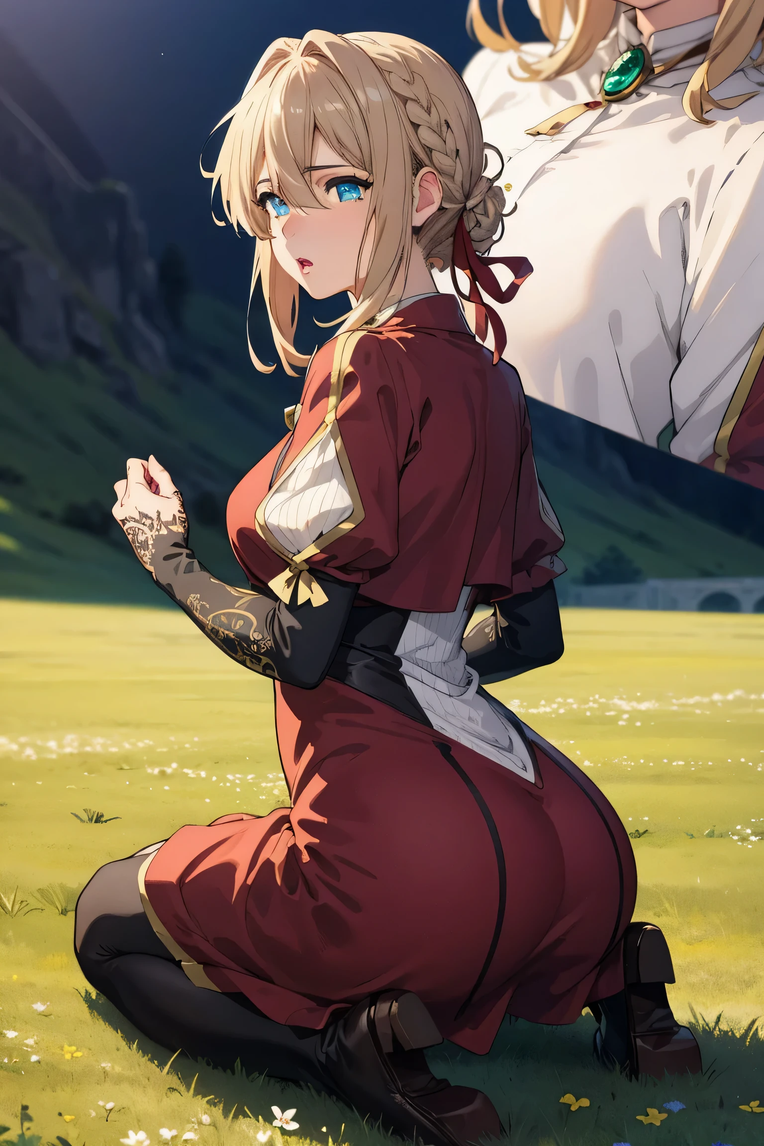 violet evergarden, braid, hair ribbon, red ribbon, jewelry,
BREAK (red dress:1.2),
BREAK (Kneeling pose），Pouting ass，Oral sex，Matin,Normal posture,
BREAK grass, field, flower
BREAK (masterpiece:1.2), best quality, high resolution, unity 8k wallpaper, (illustration:0.8), (beautiful detailed eyes:1.6), extremely detailed face, perfect lighting, extremely detailed CG, (perfect hands, perfect anatomy),