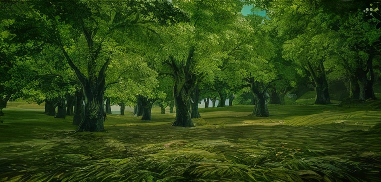 Close-up of a field with trees and grass in the background, Green Cyrodiil Plains, Tranquil elf forest, forest glade landscape, 精灵forest background, Super detailed trees, Ancient wood environment, forest environment, Highly detailed environment, natural trees, forest background, wooded environment, ancient forest like fanar forest, ancient elf wood, many trees