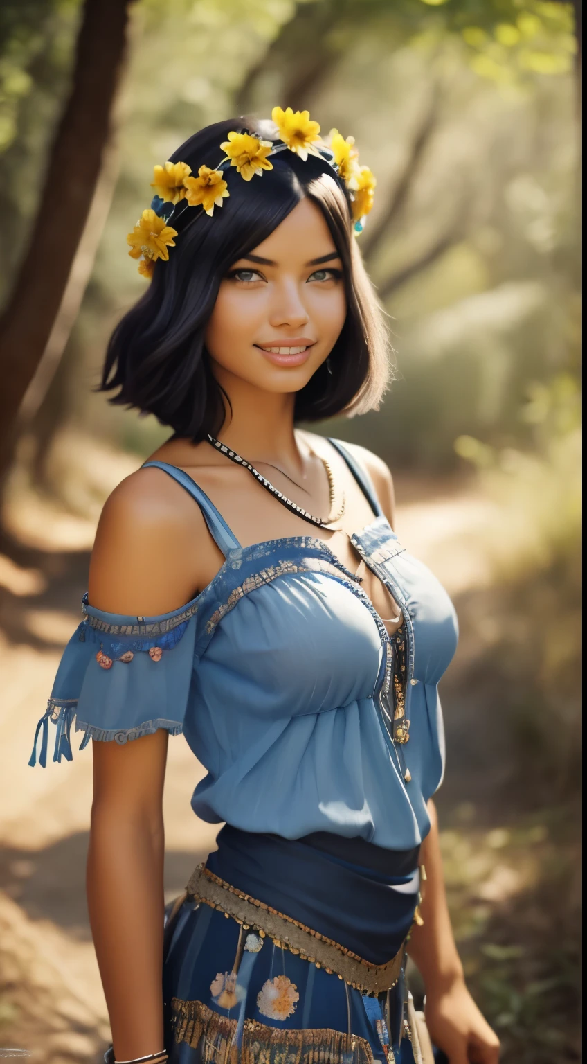 Foto hiperrealista en primer plano de Adriana Lima, dressed in blue peasant blouse paired with blue skirt and fringe accessories. She wears a headband or flower crown in her long, flowing hair. The setting is a bohemian-inspired outdoor music festival or a peaceful nature backdrop, capturing the free-spirited and laid-back vibe of the era 60Retro69Punch75, beautiful woman, skinny, medium breasts, black short hair (bob short hair:1.2), detailed face, smile, facing the camera, photo taken from a distance, age of 