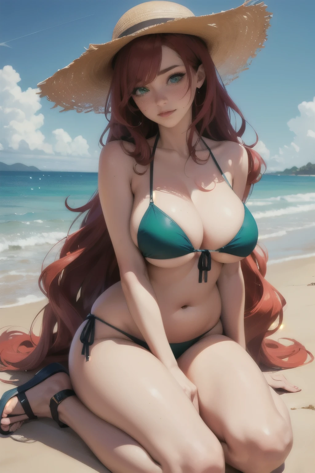 ((best quality)), ((masterpiece)), (detailed), 1woman, older woman, mature woman, 20 to 30 years old, ((extra long curly and wavy hair, red hair)), ((green eyes, vibrant eyes, empty eyes)), [freckles, body freckles], ((big and full breasts)), ((Plump)), ((thighs)), spring break on the beach, ((party in the background)), ((bikini, sandals, sunhat)), spaghetti strap, ((not asian)), ((caucasian)), close-up on face