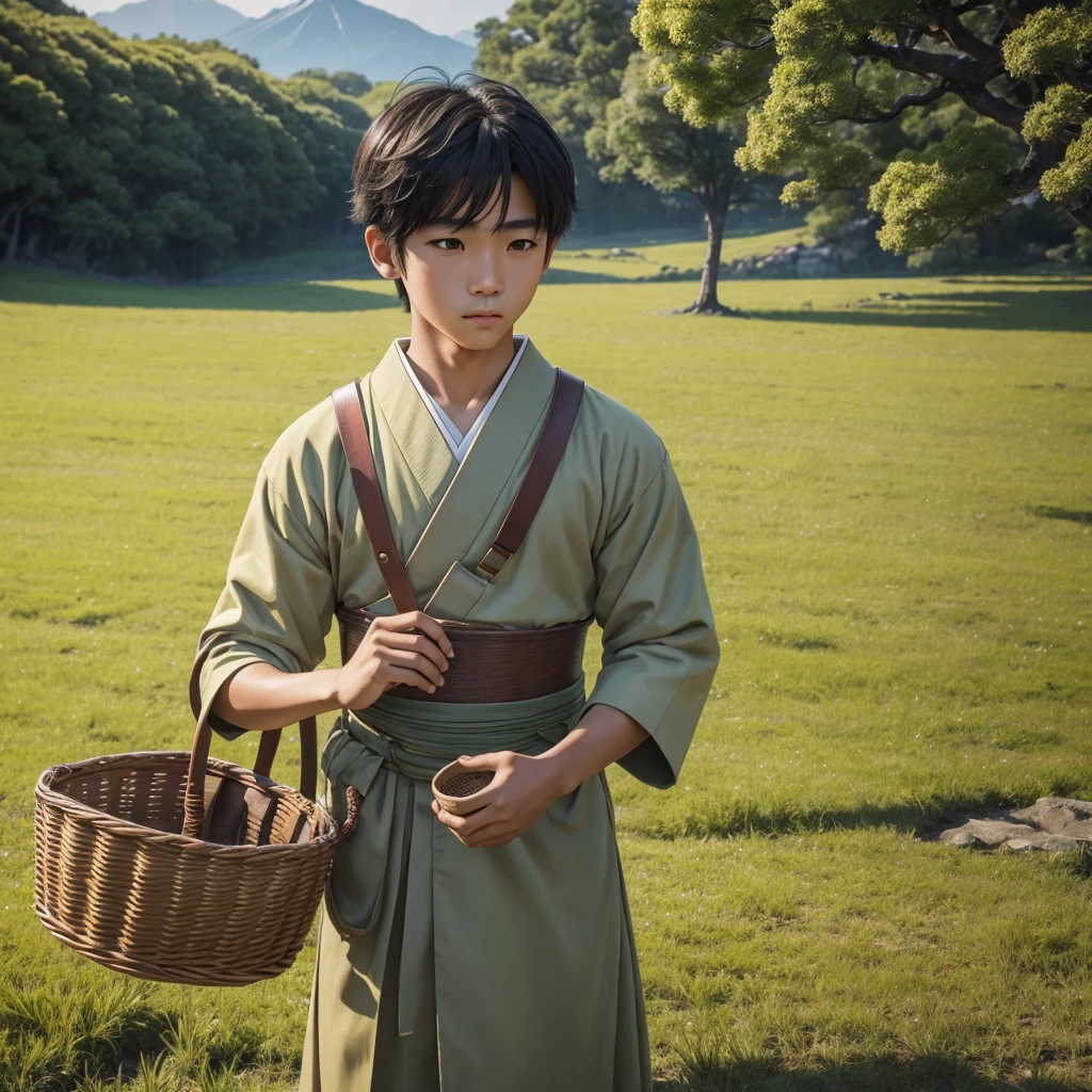 High resolution, Super detailed, masterpiece, highest quality,oriental、boy、boy working in the field、grassland、Basket Bag、Wearing traditional Japanese costumes、Japan ancient hairstyles、game poster、alone、