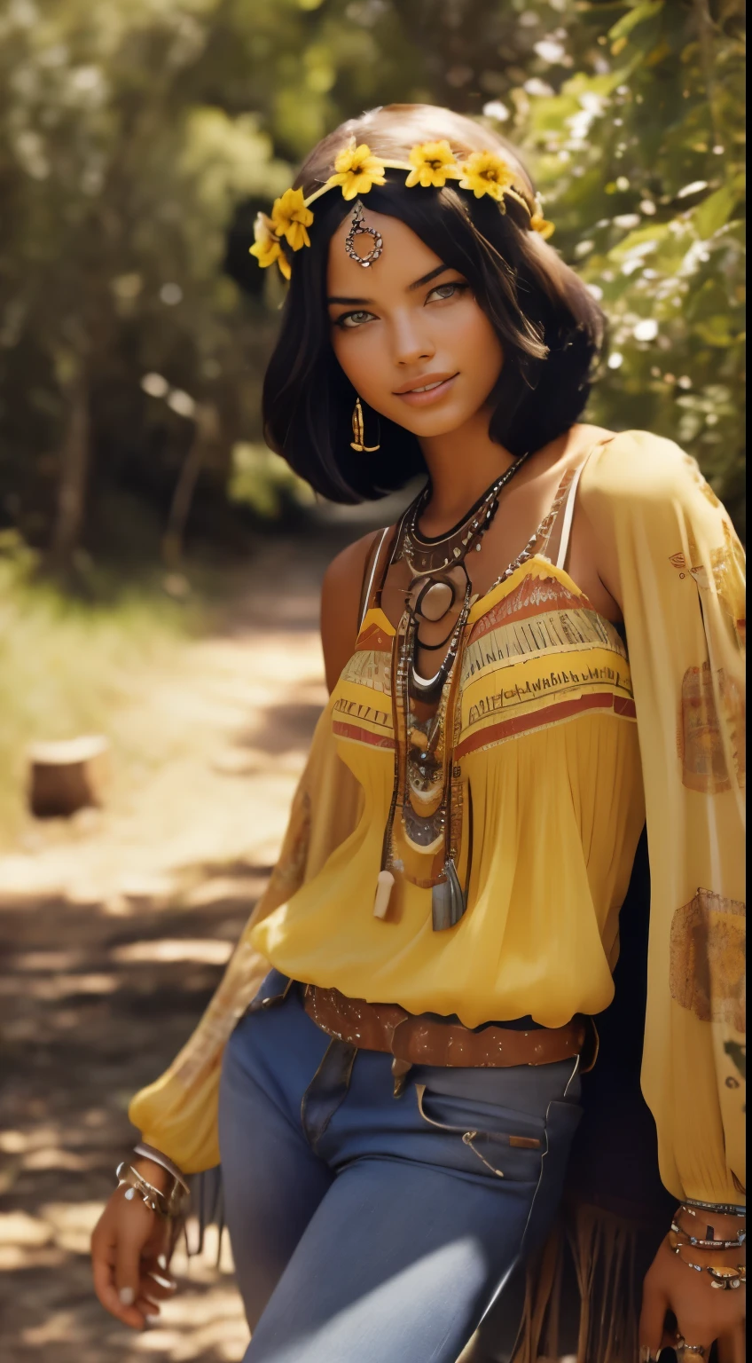 Foto hiperrealista en primer plano de Adriana Lima, dressed in yellow peasant blouse paired with bell-bottom jeans and fringe accessories. She wears a headband or flower crown in her long, flowing hair. The setting is a bohemian-inspired outdoor music festival or a peaceful nature backdrop, capturing the free-spirited and laid-back vibe of the era 60Retro69Punch75, beautiful woman, skinny, medium breasts, black short hair (bob short hair:1.2), detailed face, smile, facing the camera, photo taken from a distance, age of 16 years old