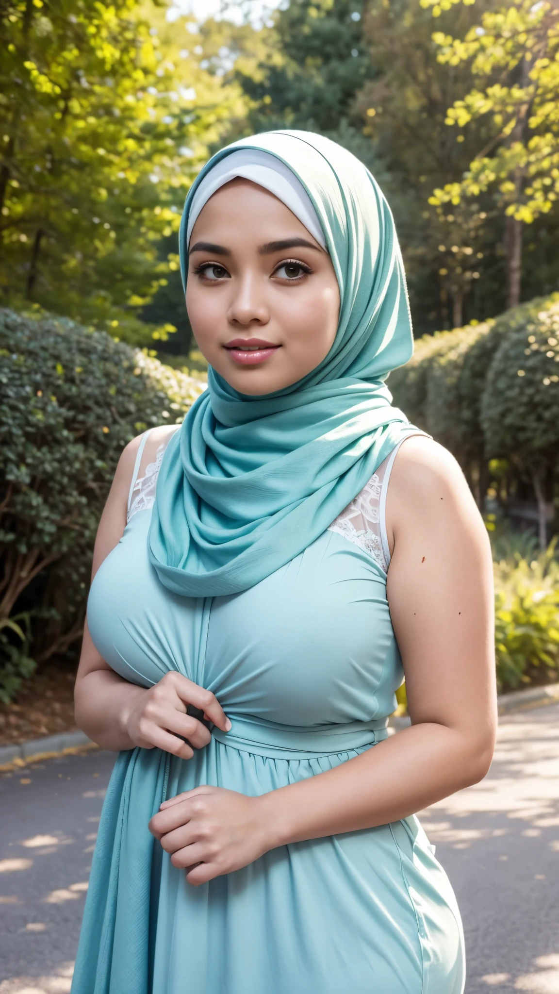 RAW, Best quality, high resolution, masterpiece: 1.3), beautiful Malay woman in hijab,Masterpiece, perfect fit body, big breast, biggorgeous eyes, Soft smile,thick thighs,muslim a woman standing on the side of the road, light blue shirt and pink scarf , in front of a forest background, with beautiful girls, wearing beautiful clothes, katelynn long cute style, long in pastel shades, with lovely look, City garden, Excellent lighting, Bright colors, Clean lines