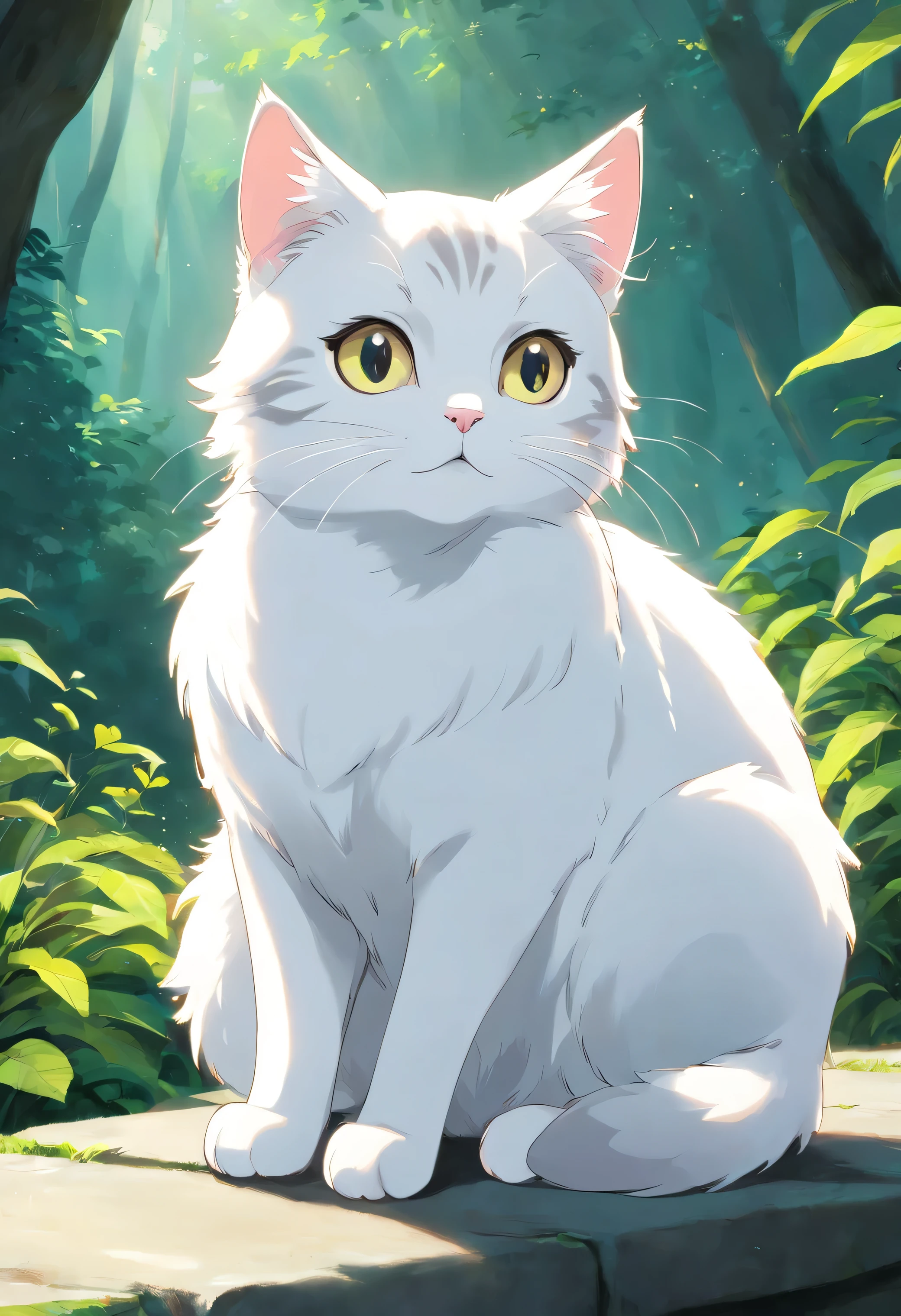 A cute white cat with glossy white eyes,looking to another side, full body, detailed, sitting,vivid colors, cute,Black and white tabby cat,Lazy,Love to be coquettish, simple background