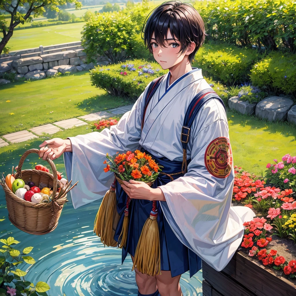 High resolution, Super detailed, masterpiece, highest quality,oriental、boy、boy working in the field、grassland、Basket Bag、Wearing traditional Japanese costumes、Japan ancient hairstyles、game poster、alone、
