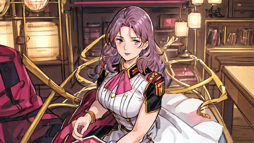 red,Pink military uniform,
purple hair ,blue eyes,lipstick, long hair,
1 girl, 20 years,young women,beautiful Finger,beautiful long legs,beautiful body,beautiful Nose,beautiful character design, perfect eyes, perfect Face,expressive eyes, looking at the audience, in the center of the image,(Light_Smile:0.5), official art,Extremely detailed CG unified 8k wallpaper, perfect Lighting,rich and colorful, bright_front_Face_灯Light,有Light泽的皮肤, (masterpiece:1.0),(the best_quality:1.0), 超high resolution,4K,Super detailed, photography, 8k, human development report, high resolution, ridiculous:1.2, Kodak Portrait 400, film grain, blurred background, Bokeh:1.2, 镜头Light晕, (energetic_color:1.2) (beautiful,big deal_breast:1.0), (beautiful_Face:1.5),(narrow_waist)