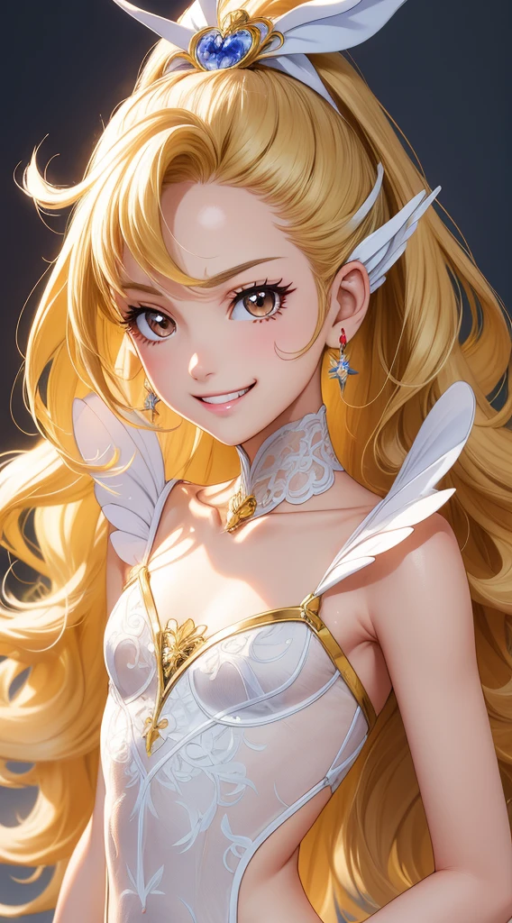(masterpiece, highest quality), intricate details, thin, ((slim)), ((Precure))beautiful girl, , white skin, , sharp jaw line, lips, Upper body, close, grin