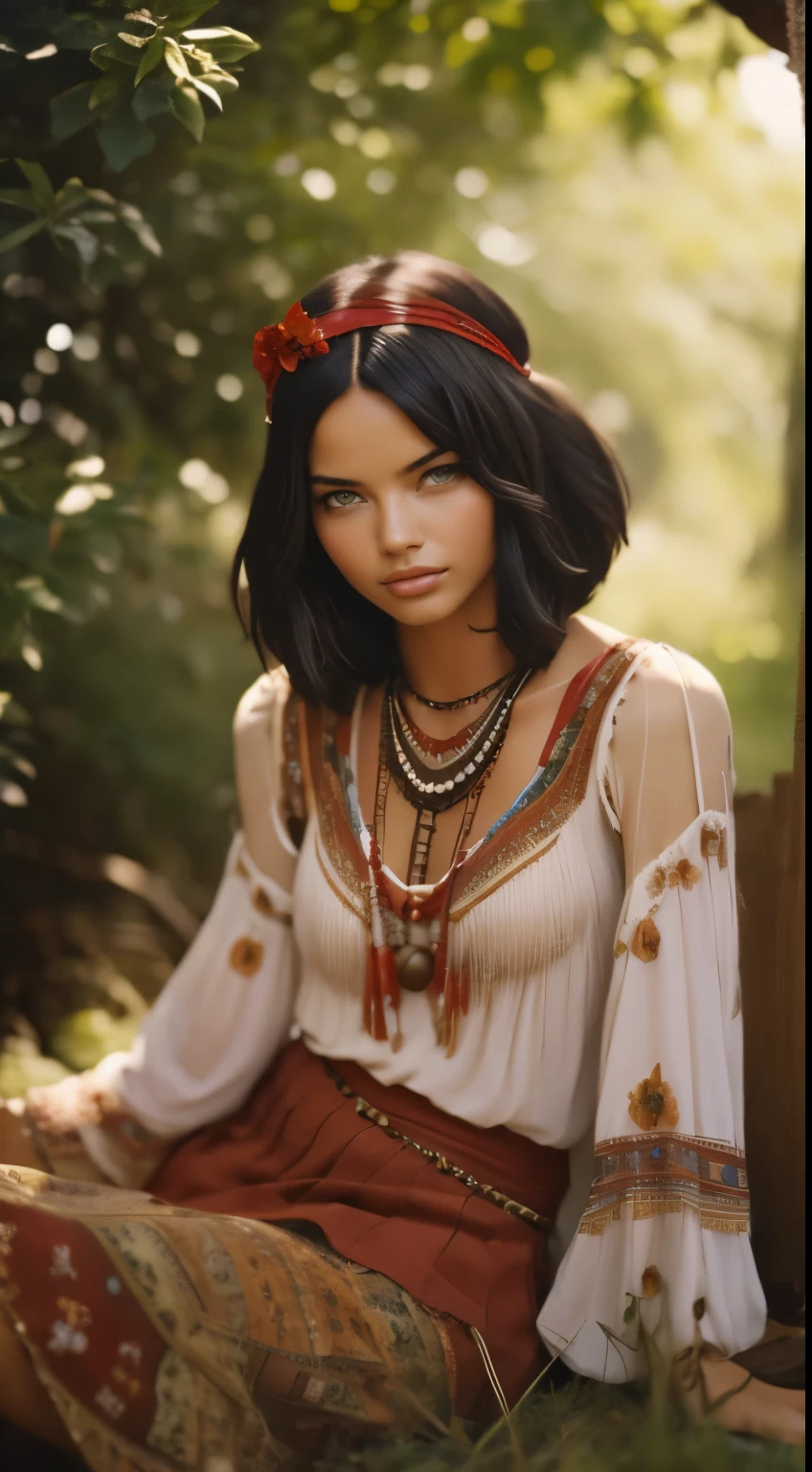 Foto hiperrealista en primer plano de Adriana Lima, dressed in red peasant blouse paired with red long skirt and fringe accessories. She wears a headband or flower crown in her long, flowing hair. The setting is a bohemian-inspired outdoor music festival or a peaceful nature backdrop, capturing the free-spirited and laid-back vibe of the era 60Retro69Punch75, beautiful woman, skinny, medium breasts, black short hair (bob short hair:1.2), detailed face, smile, facing the camera, photo taken from a distance, age of 