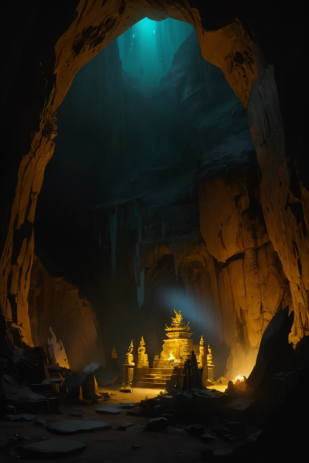 In the heart of a fantastical underground cave, the remnants of an alien civilization lay hidden, their mysterious tombs untouched by time. Among these ancient ruins, a metal coffin gleamed ominously, its secrets guarded by the eerie silence that hung heavy in the air. Dark, unknown cosmic energy hummed through the cavern, the source of the alien magic power that fueled the treasures within.
Glowing gold coins nestled among the relics, their surfaces reflecting the ethereal glow of the alien magic. Terracotta warriors stood sentinel, their ceramic faces etched with intricate details, a testament to the advanced technology of their creat