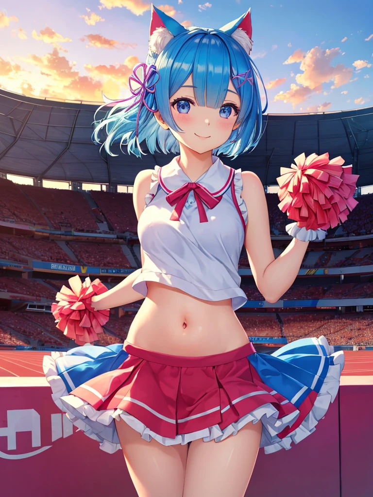 very cute and beautiful cheerleader girl,(very detailed美しい顔と目),(holding pompoms in both hands),(smile),(Rem,Re:zero,Big),Cat ear,
(Stadium Stand),cowboy shot,dynamic pose,(sleeveless shirt),beautiful feet,belly button,dynamic angle,(blue hair,short hair),
(highest quality,masterpiece:1.2),intricate details,very detailed,super detailed,High resolution,looking at the viewer,
Natural light,hair blowing in the wind,beautiful and detailed sky,