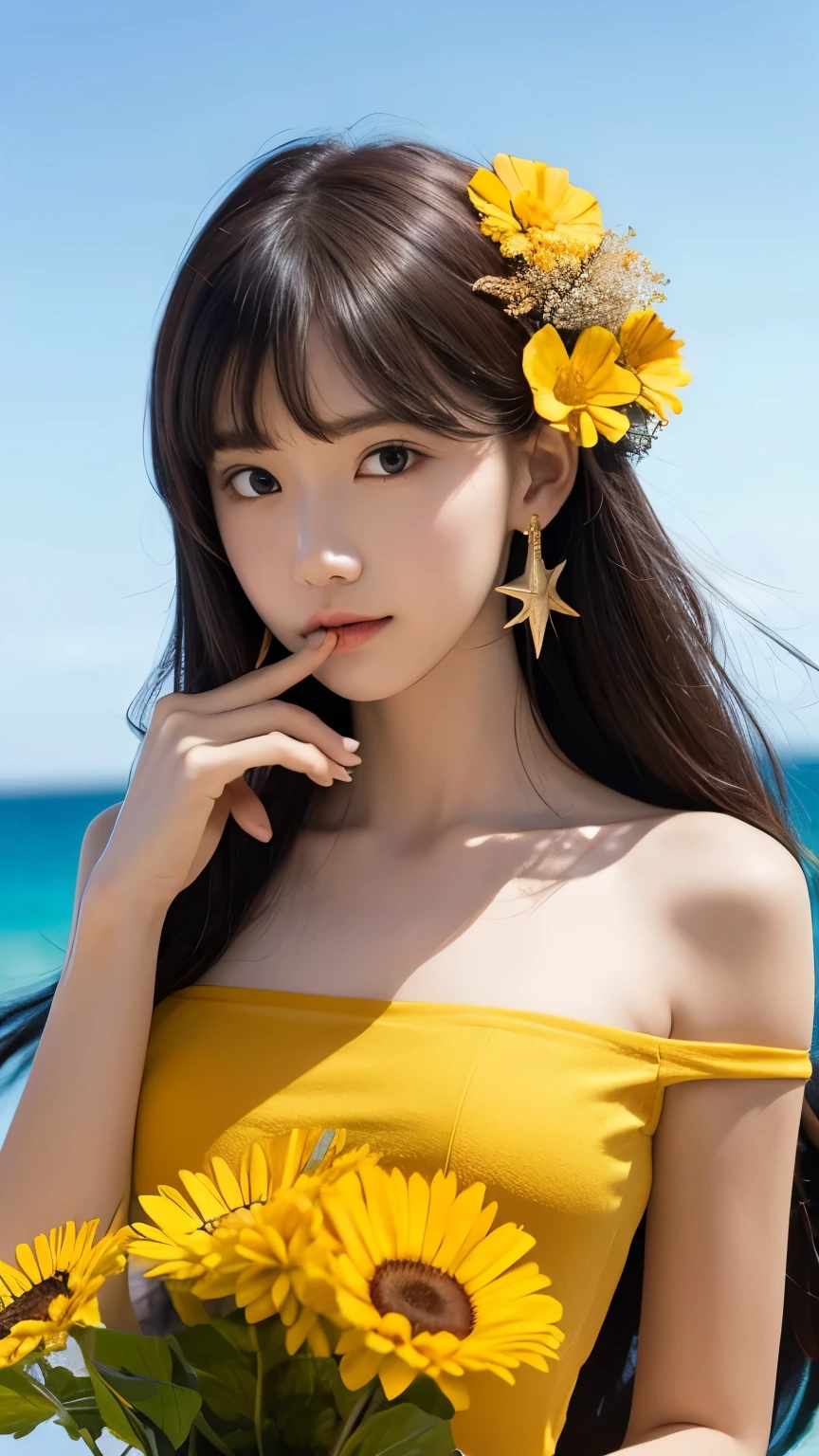 ridiculous, high resolution, Super detailed, 1 girl, alone, extremely detailed eyes, starfish, seashells, shells, flower, have, hair accessories, jewelry, straw have, looking at the audience, sunglasses, have flower, drinking straw, hairpin, earrings, red flower, have色眼镜, yellow flower, Bangs, English text, colorful hair, orange flower, black hair, ring, cup, long hair, orange-have色眼镜, food, brown hair, portrait, shells hair accessories