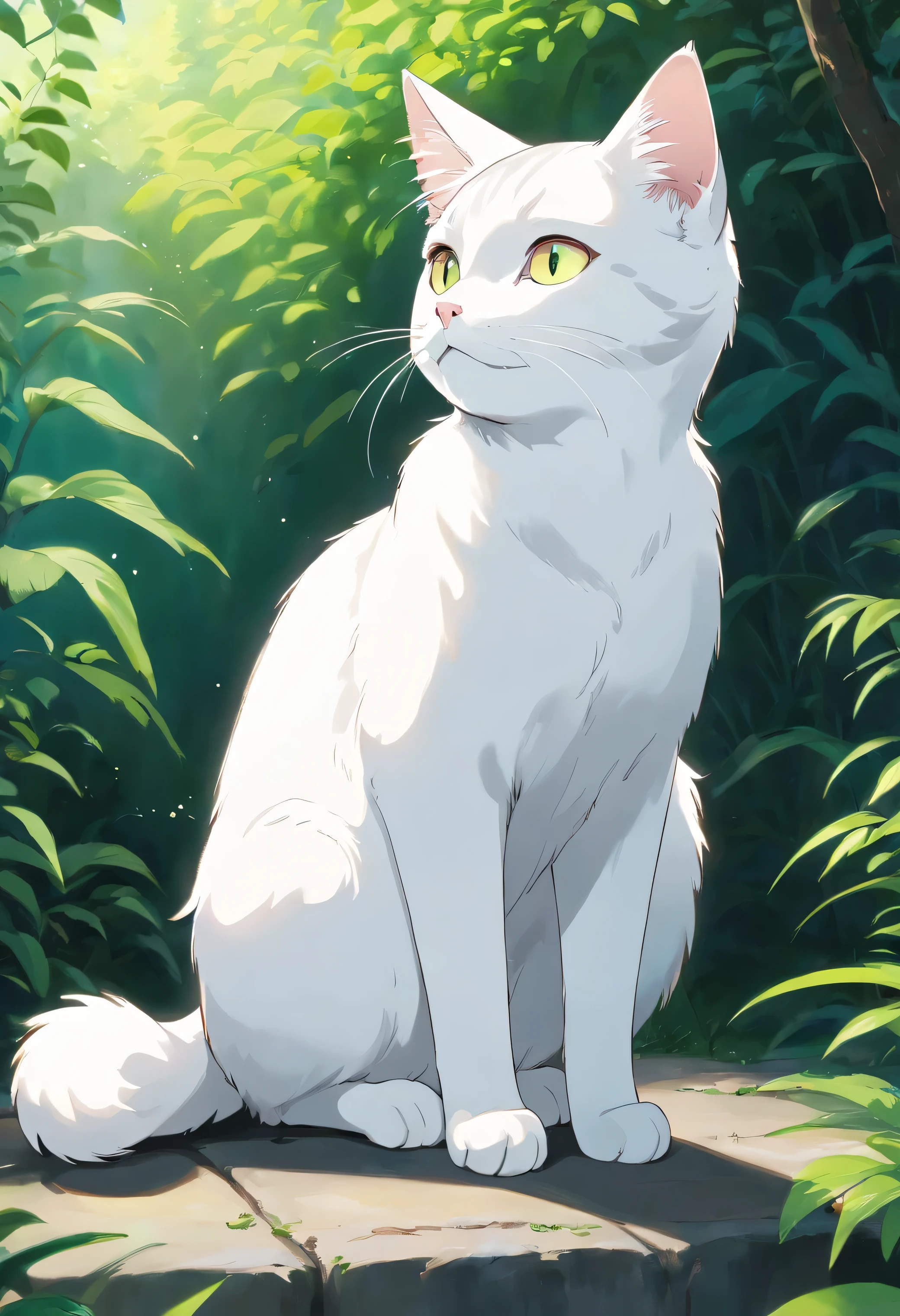 A cute white cat with glossy white eyes,looking to another side, full body, detailed, sitting,vivid colors, cute,Black and white tabby cat,Lazy,Love to be coquettish, simple background