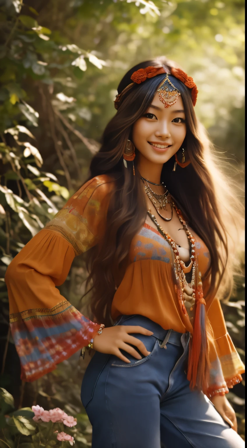 Foto hiperrealista en primer plano de Kim Joo fro  Korea,  dressed in a tie-dye red red blouse paired with bell-bottom jeans and fringe accessories. She wears a headband or flower crown in her long, flowing hair. The setting is a bohemian-inspired outdoor music festival or a peaceful nature backdrop, capturing the free-spirited and laid-back vibe of the era 60Retro69Punch75, , beautiful woman, skinny, large big breasts, black long hair, detailed face, smile, facing the camera, photo taken from a distance, age of 25 years old