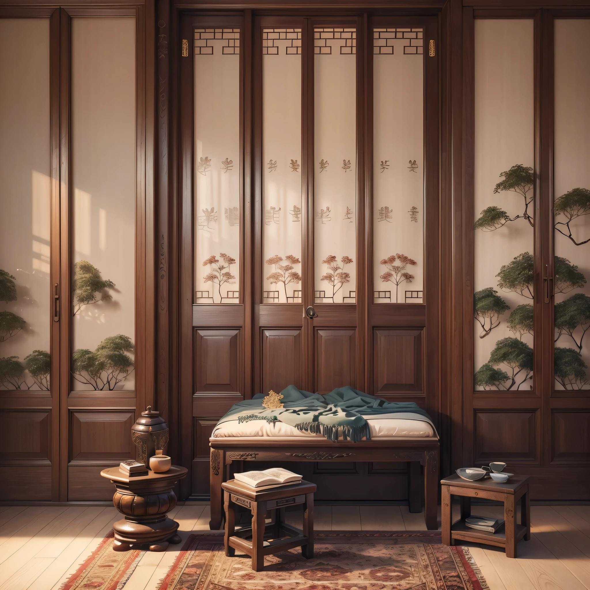 A traditional Chinese bedroom with antique wooden furniture, delicate carvings, and soft lighting, featuring ancient-style doors and elegant window coverings, ornate zither quietly placed in the corner, ink paintings hanging on the wall, exquisite jade carvings by the window, fragrant aroma diffusing throughout the room, displaying elegant calligraphy and antique artifacts, exuding a rich cultural atmosphere. (best quality,4k,8k,highres,masterpiece:1.2),ultra-detailed,(realistic,photorealistic,photo-realistic:1.37),traditional Chinese landscape,antique artistry,subtle and warm color palette,soft and natural lighting.