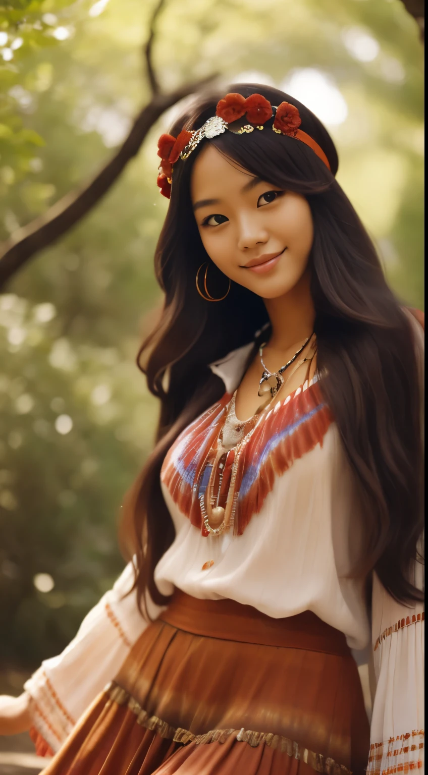 Foto hiperrealista en primer plano de Kim Joo from Korea, dressed in a tie-dye red red blouse paired with red red long skirt and fringe accessories. She wears a headband or flower crown in her long, flowing hair. The setting is a bohemian-inspired outdoor music festival or a peaceful nature backdrop, capturing the free-spirited and laid-back vibe of the era 60Retro69Punch75, , beautiful woman, skinny, large big breasts, black long hair, detailed face, smile, facing the camera, photo taken from a distance, age of 25 years old