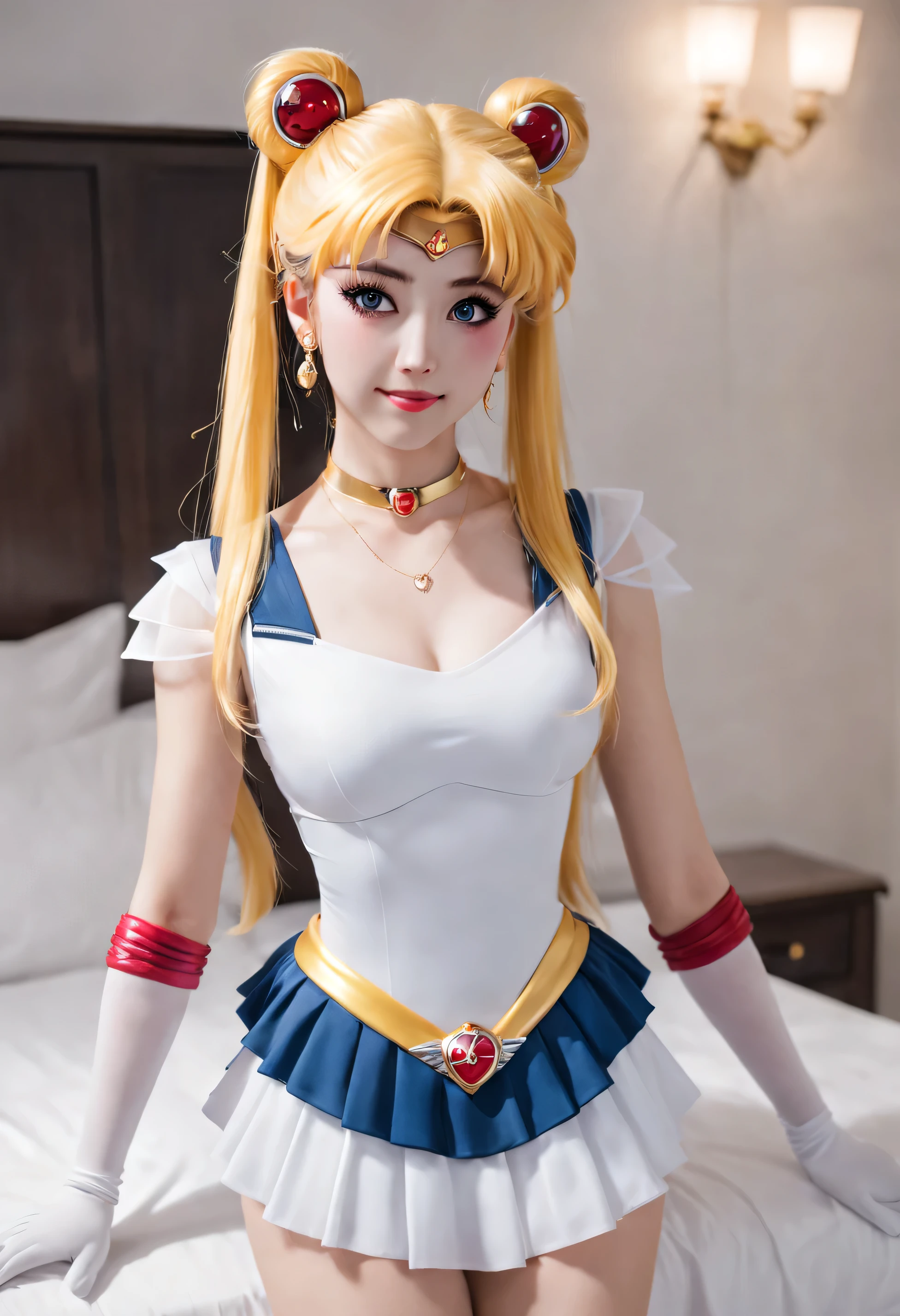 best quality, Super detailed, (1 girl, alone,super sailor moon, twice as good, Double tail, ring, earrings, collar, bow, Gloves, tights, mini skirt, smile fang,  relaxed posture, elbows extended, permanent, ,), in a hotel room