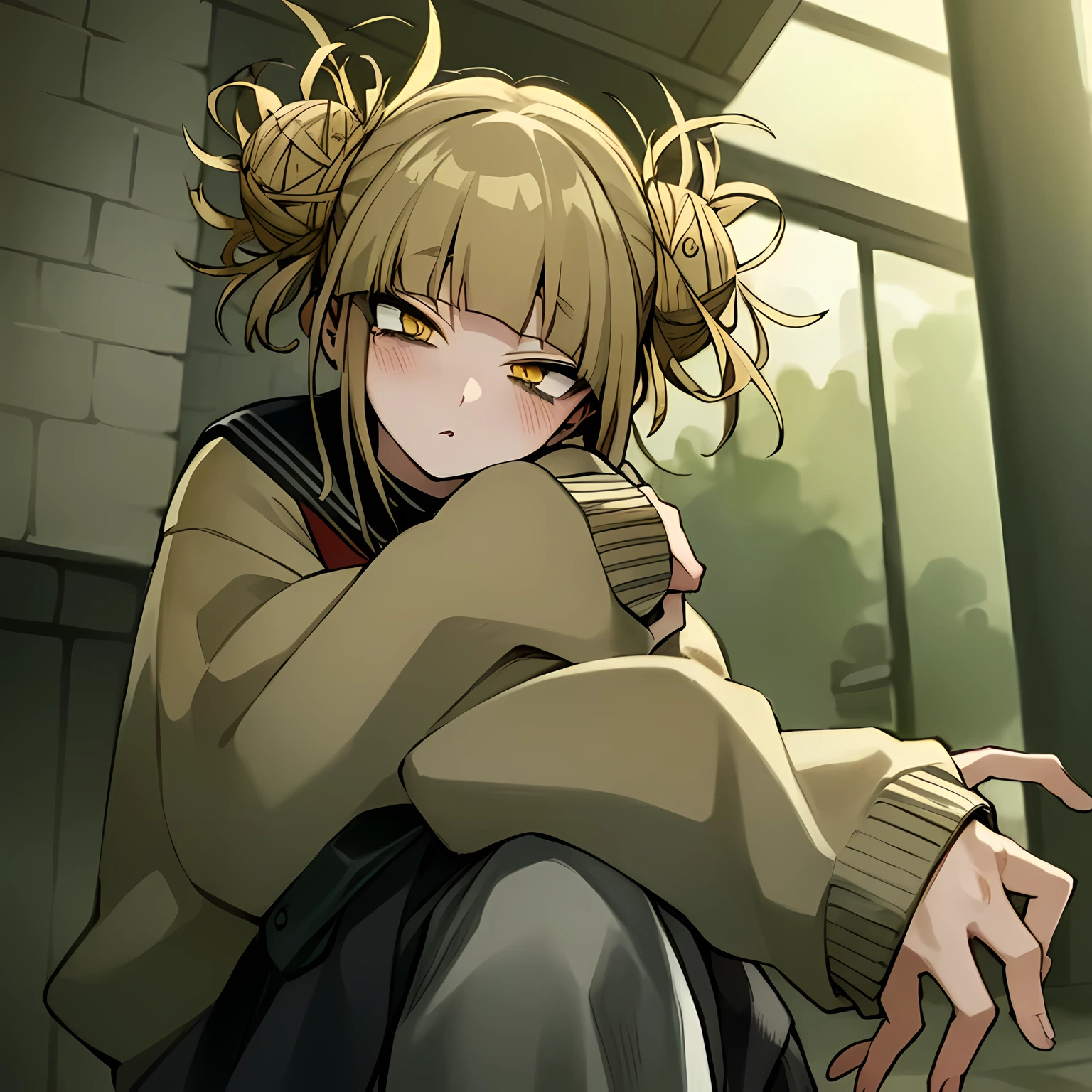 (Himiko toga),(short blond hair with two messy pulps),yellow eyes with thin pupils),(vestindHimiko toga),(short blond hair with two messy pulps),yellow eyes with thin pupils),(wearing),+,(Naked)