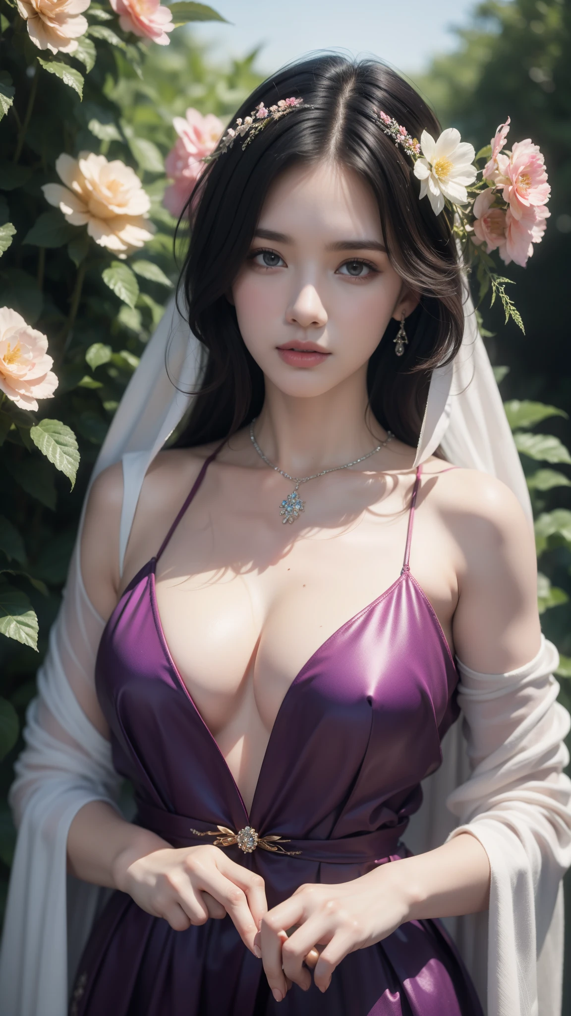  4K, A high resolution, ultra-detailed, masterpiece, Elegant dynamic portrait，a stunning beautiful girl, big breasts, long hair,  Blue hair tied up elegantly, Decorate with jewelry, a diamond necklace, (Put on a big cloak), Clear purple eyes,  beautiful and clear eyes,  delicate necklace, delicate earrings (Hair decorated with delicate flower arrangements, crystal jewelry string), (looking at viewer)