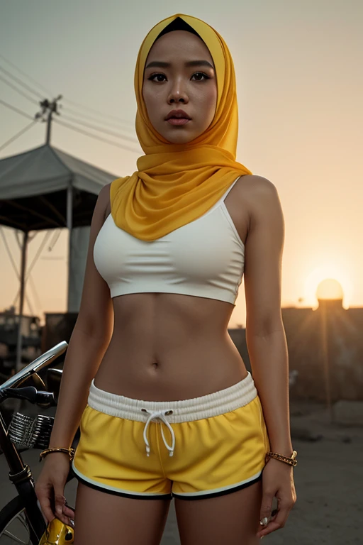 a Dark Indonesian woman in hijab and a white top and pink shorts is standing next to a bike with a yellow background and, by Quentin Tarantino, 1 Dark Indonesian woman girl, bracelet, yellow hijab, jewelry, letterboxed, lips, makeup, medium_breasts, midriff, nail_polish, navel, necklace, nose, orange_sky, pink_shorts, realistic, shorts, solo, sun, sunset, tattoo, wristband, yellow_background, yellow_sky, beautiful detailed glow, detailed, Cinematic light, intricate detail, highres, detailed facial features, high detail, sharp focus, smooth, aesthetic, extremely detailed, stamp, octane render,