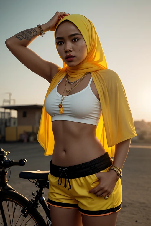 a malay woman in hijab and a white top and pink shorts is standing next to a bike with a yellow background and, by Quentin Tarantino, 1girl, bracelet, yellow hijab, jewelry, letterboxed, lips, makeup, medium_breasts, midriff, nail_polish, navel, necklace, nose, orange_sky, pink_shorts, realistic, shorts, solo, sun, sunset, tattoo, wristband, yellow_background, yellow_sky, beautiful detailed glow, detailed, Cinematic light, intricate detail, highres, detailed facial features, high detail, sharp focus, smooth, aesthetic, extremely detailed, stamp, octane render,
