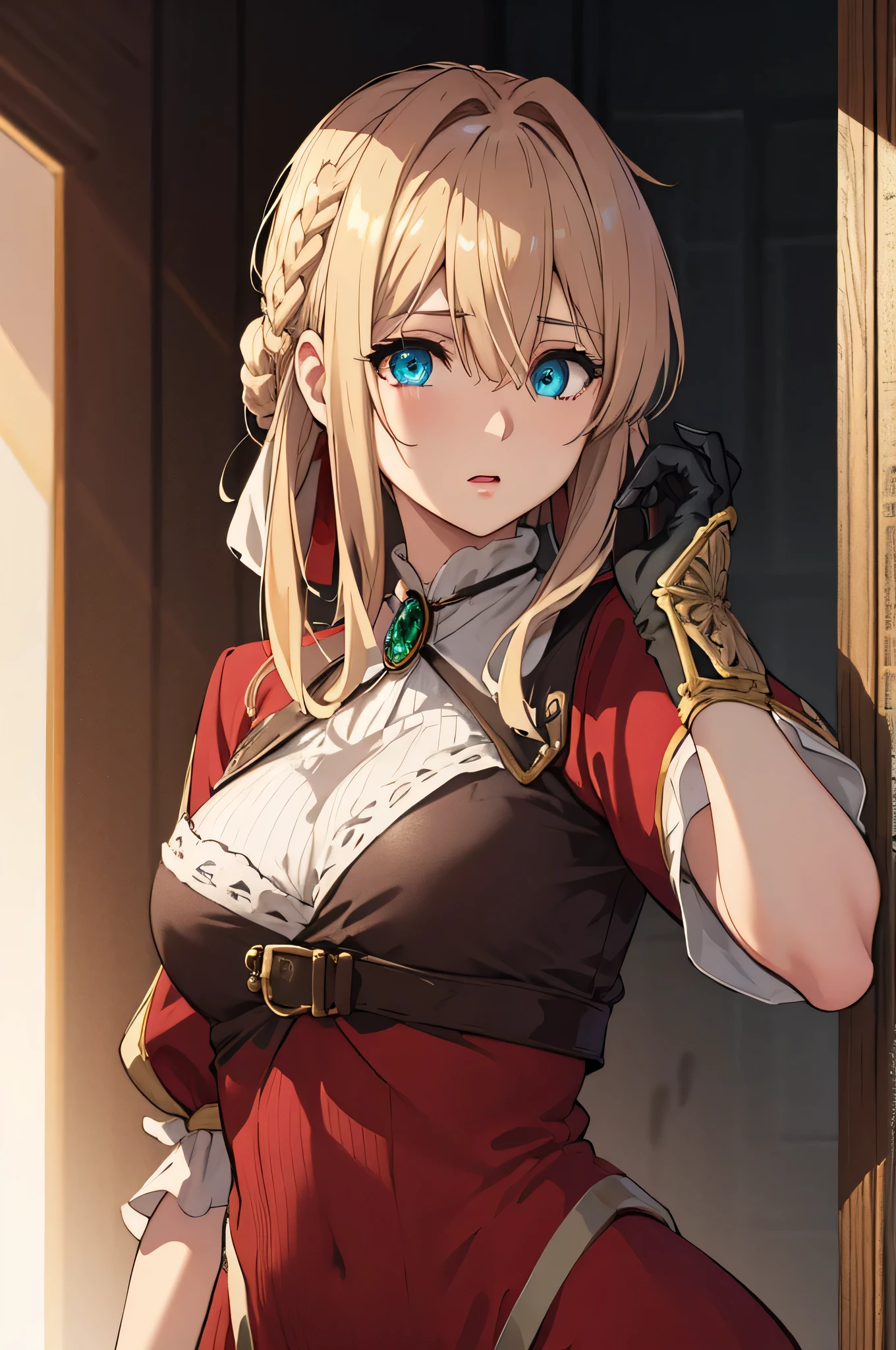 violet evergarden, braid, hair ribbon, red ribbon, jewelry,
BREAK (red dress:1.2),
BREAK (masterpiece:1.2), best quality, high resolution, unity 8k wallpaper, (illustration:0.8), (beautiful detailed eyes:1.6), extremely detailed face, perfect lighting, extremely detailed CG, (perfect hands, perfect anatomy),