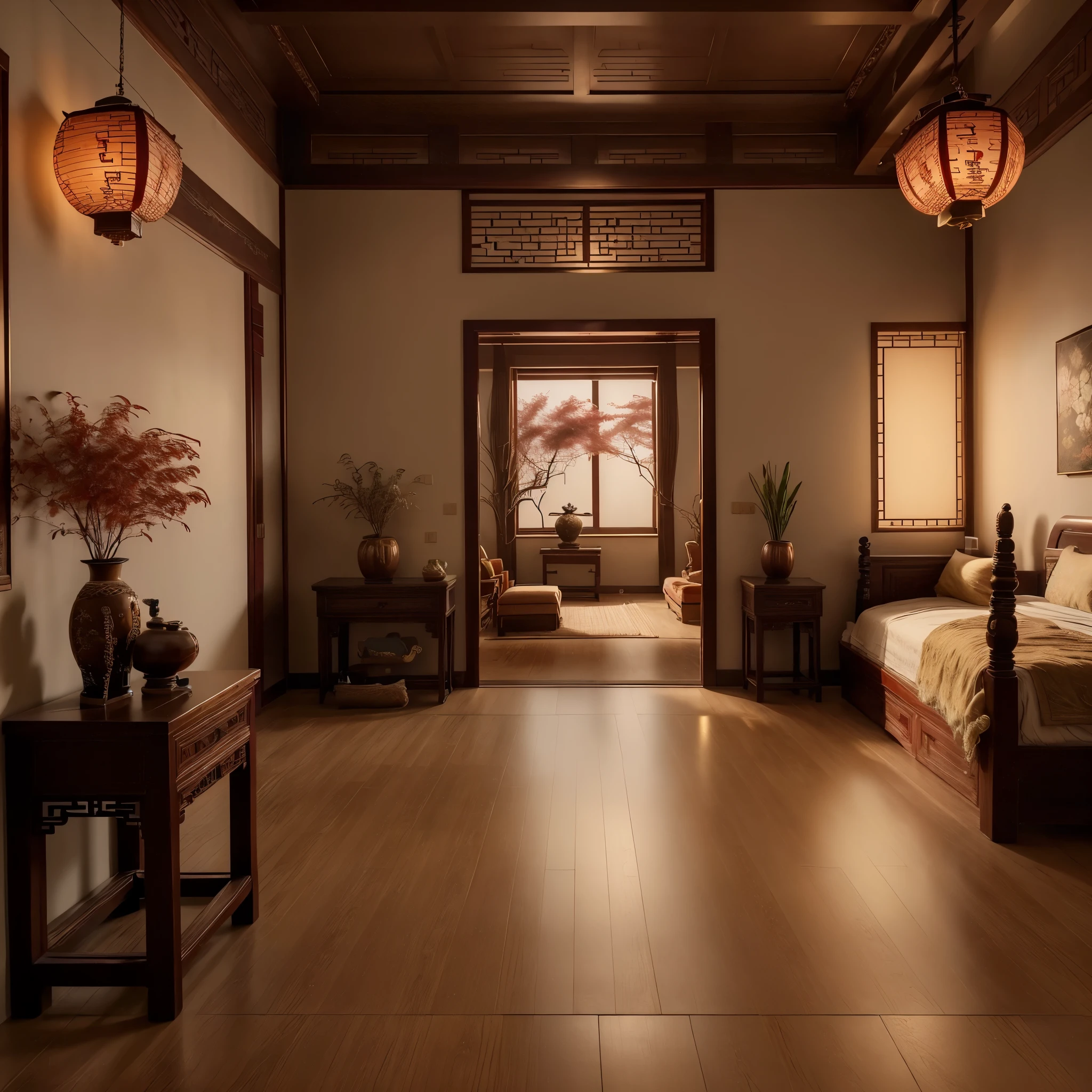 A traditional Chinese bedroom with antique wooden furniture, delicate carvings, and soft lighting, featuring ancient-style doors and elegant window coverings, ornate zither quietly placed in the corner, ink paintings hanging on the wall, exquisite jade carvings by the window, fragrant aroma diffusing throughout the room, displaying elegant calligraphy and antique artifacts, exuding a rich cultural atmosphere. (best quality,4k,8k,highres,masterpiece:1.2),ultra-detailed,(realistic,photorealistic,photo-realistic:1.37),traditional Chinese landscape,antique artistry,subtle and warm color palette,soft and natural lighting.