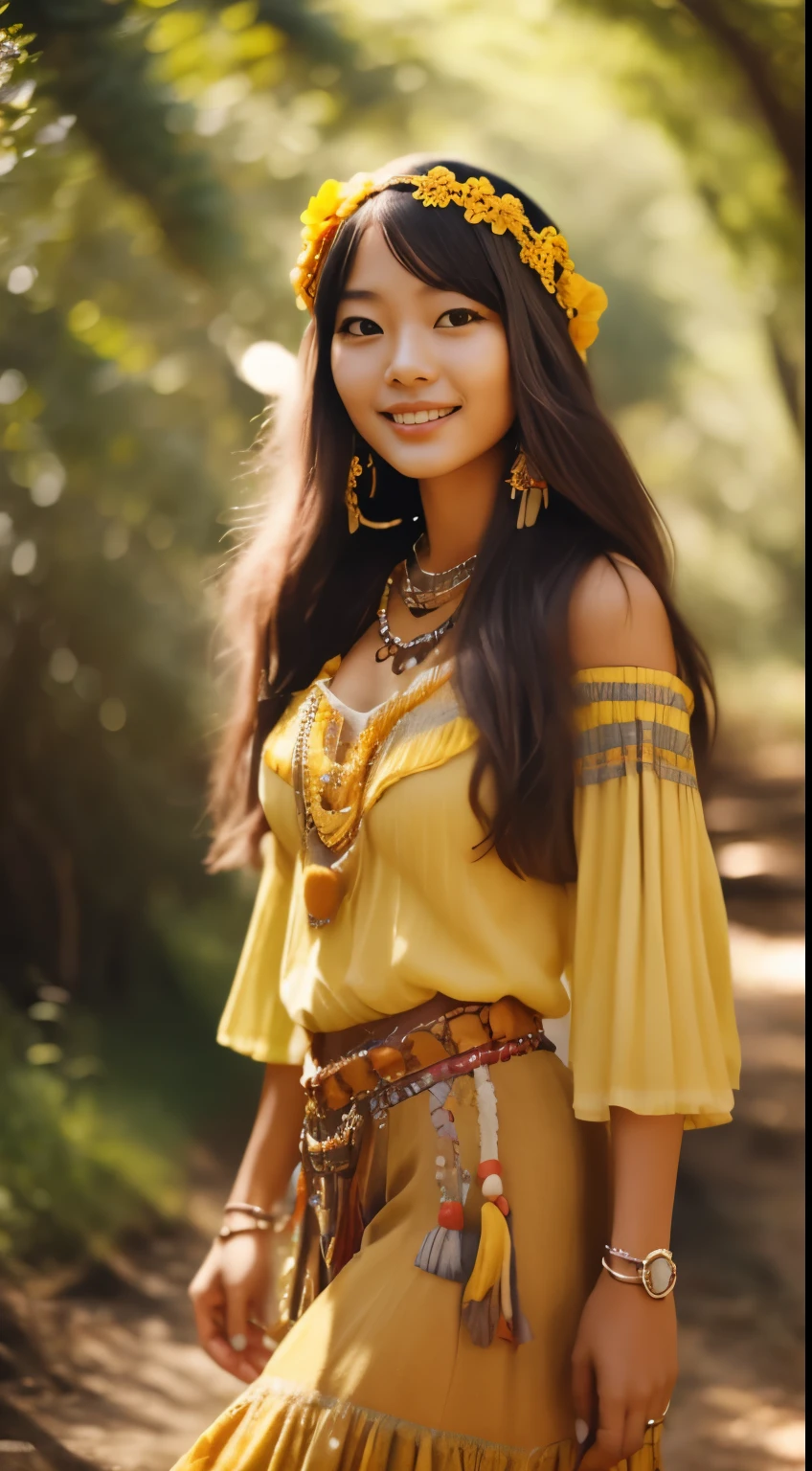 Foto hiperrealista en primer plano de Kim Joo from Korea,  dressed in yellow peasant blouse paired with yellow long skirt and fringe accessories. She wears a headband or flower crown in her long, flowing hair. The setting is a bohemian-inspired outdoor music festival or a peaceful nature backdrop, capturing the free-spirited and laid-back vibe of the era 60Retro69Punch75,, beautiful woman, skinny, large big breasts, black long hair, detailed face, smile, facing the camera, photo taken from a distance, age of 25 years old