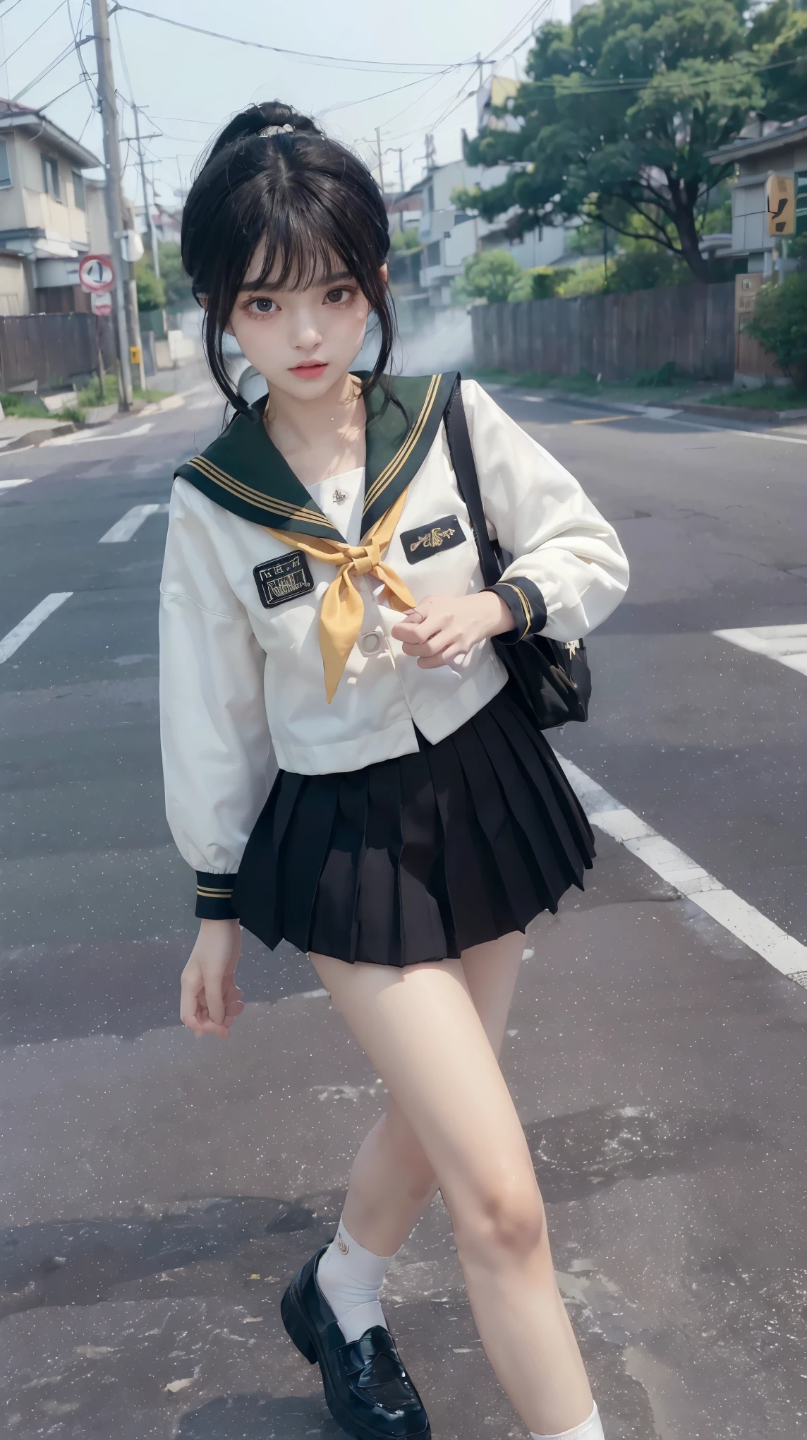 masterpiece, highest quality, realistic, RAW photo, Digital single-lens reflex camera, ((1 person)), Beautiful Japan girl at 18 years old, shiny fair skin, Realistic beautiful make-up face, realistic and beautiful eyes, double eyelid, (((anxiety, frightened eyes:1.3, fear, nervous:1, tears, cry:1.4, afraid))), The most detailed shiny black hair and bangs, ((ponytail hair)), slim body shape, slim face, slim waist, medium breasts, (((Japanese student light yellow sailor suit:1.5, summer clothes:1.2, dark green skirf, pleated mini skirt:1.2, black sox:1.2, brown loafer shoes:1.2, white panty:1.2))), (((walking:1.3))), Leaving school, (((A path in a lonely residential area, dark path))), ((foggy)), realistic shadow, Depth of bounds written, The best delicate and beautiful photos, ultra high resolution, 8K UHD Wallpapers, (((from below:1))), nsfw, upper half body