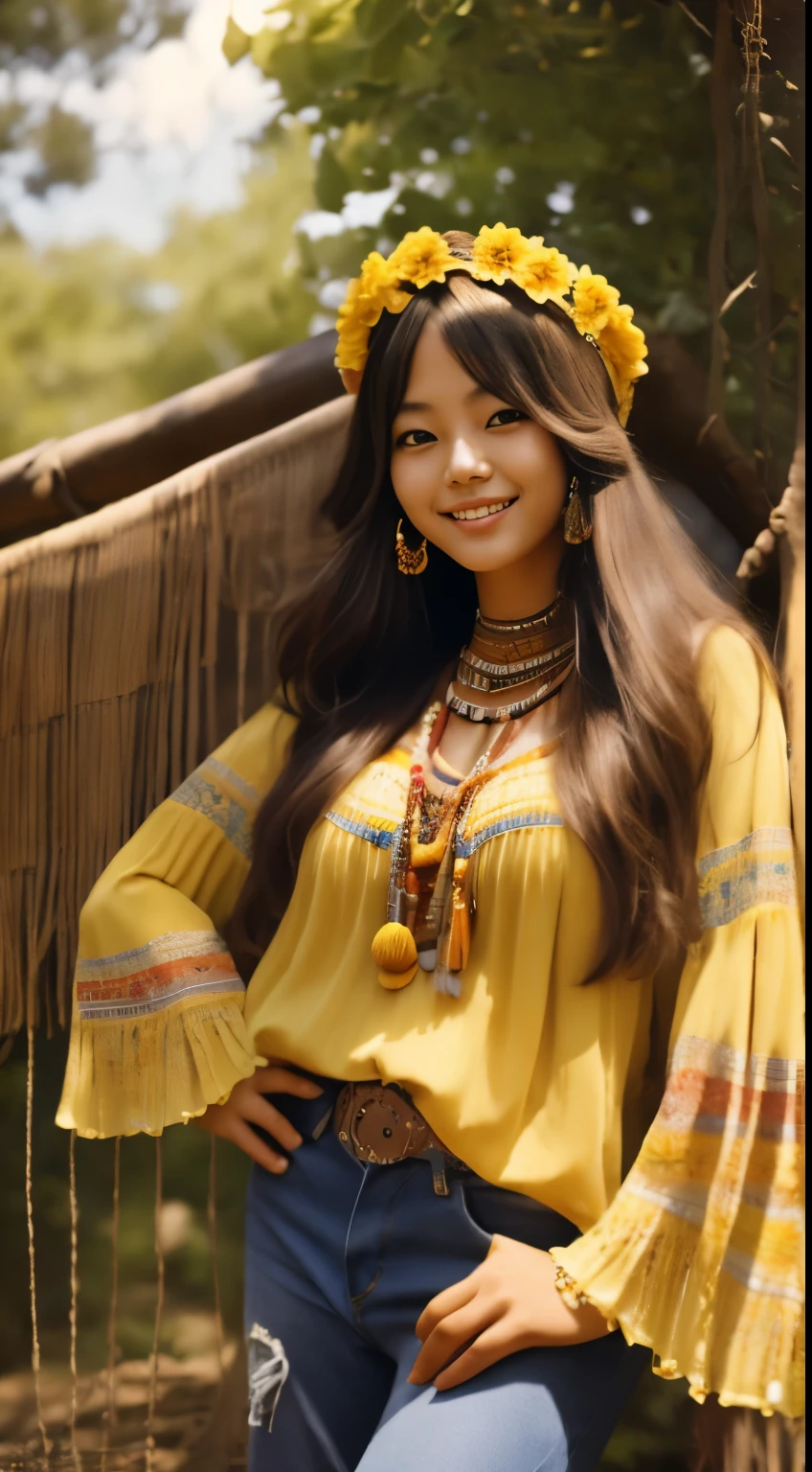 Foto hiperrealista en primer plano de Kim Joo from Korea, dressed in yellow peasant blouse paired with bell-bottom jeans and fringe accessories. She wears a headband or flower crown in her long, flowing hair. The setting is a bohemian-inspired outdoor music festival or a peaceful nature backdrop, capturing the free-spirited and laid-back vibe of the era 60Retro69Punch75, , beautiful woman, skinny, large big breasts, black long hair, detailed face, smile, facing the camera, photo taken from a distance, age of 25 years old