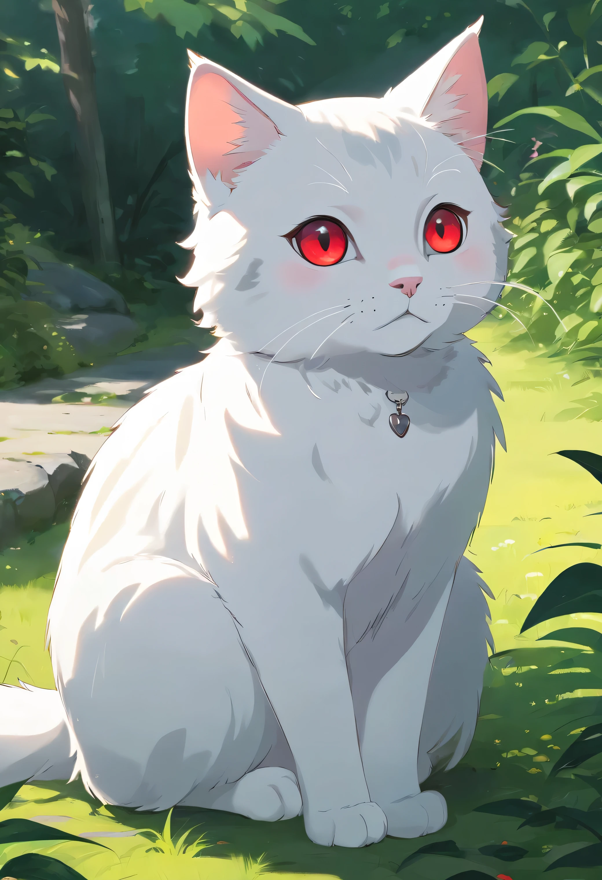 A cute white cat with glossy red eyes,looking to another side, full body, detailed, sitting,vivid colors, cute,Black and white tabby cat,Lazy,Love to be coquettish, simple background