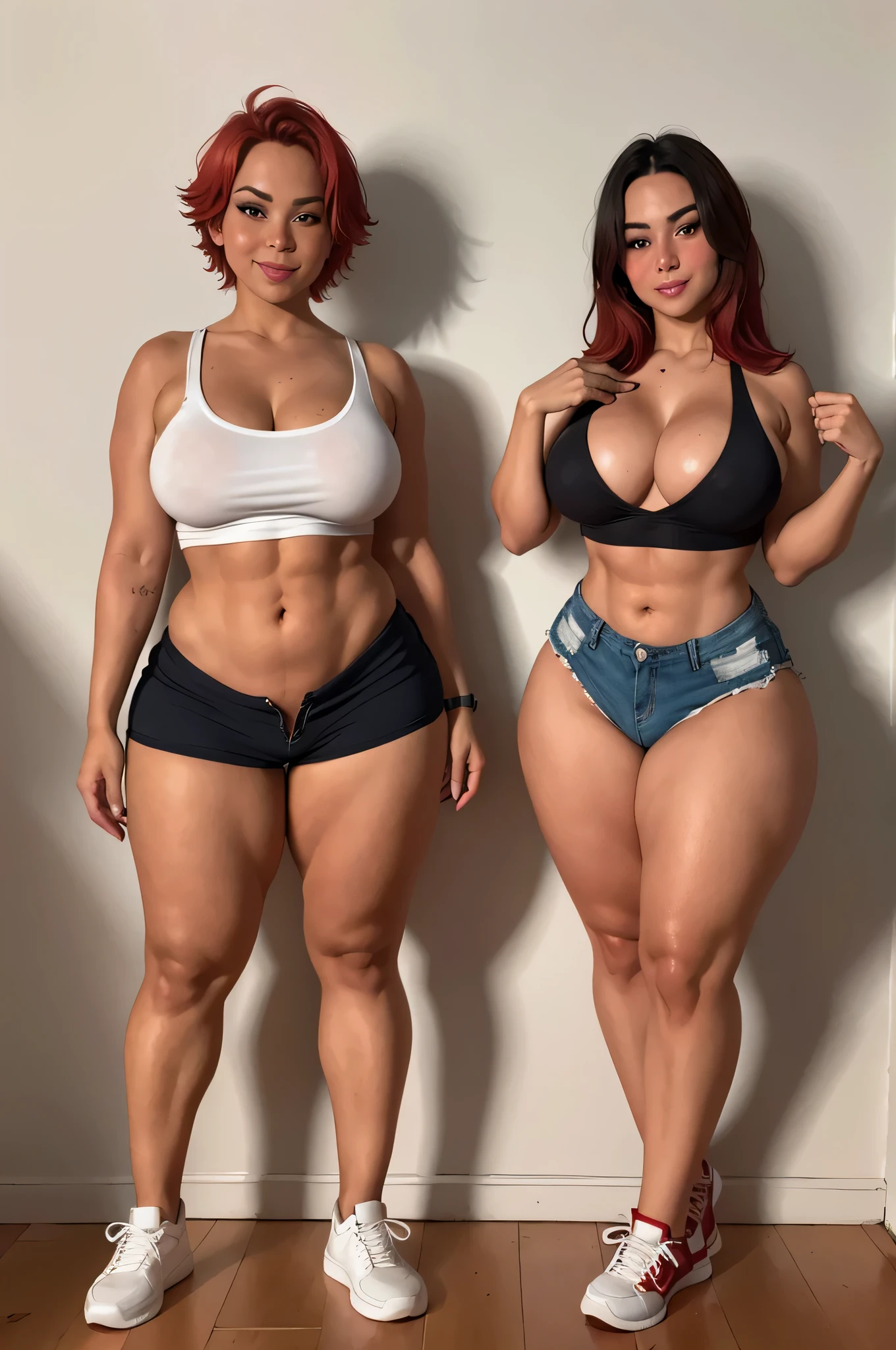 2 tanned thick fit 21 years female, cleavage, muscular, head to toe shot, in sneakers. standing, facing camera, short red hair, wearing tight sexy shorts and top, standing straight, masterpiece, anatomically correct. Full body shot, thick muscular legs, pointing and looking to left, tina lockwood