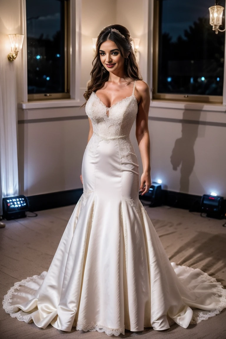 (best quality, HD, masterpiece:1.2,), illustration, night, 1 girl, whole body, (Wedding dress), arms behind back, waiting for kiss, looking at the audience, happy, blush,