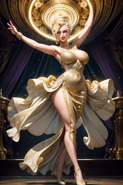 (Beautiful, High Quality, 4K Image), Stunning blonde woman, Art Deco fashion style, Dancing elegantly, Gigantic breasts, Full body shot, Ultra-detailed description, Her form-fitting dress shimmers with intricate patterns, Each curve and contour of her body is distinctly visible, The iridescent fabric catches the light and reflects a rainbow of colors, Her hair is swept back in an intricate updo, Her face is beautifully detailed with defined features and rosy cheeks, Her eyes sparkle with joy as she moves to the music, The opulence of the Art Deco setting is on full display, with ornate gold accents,
