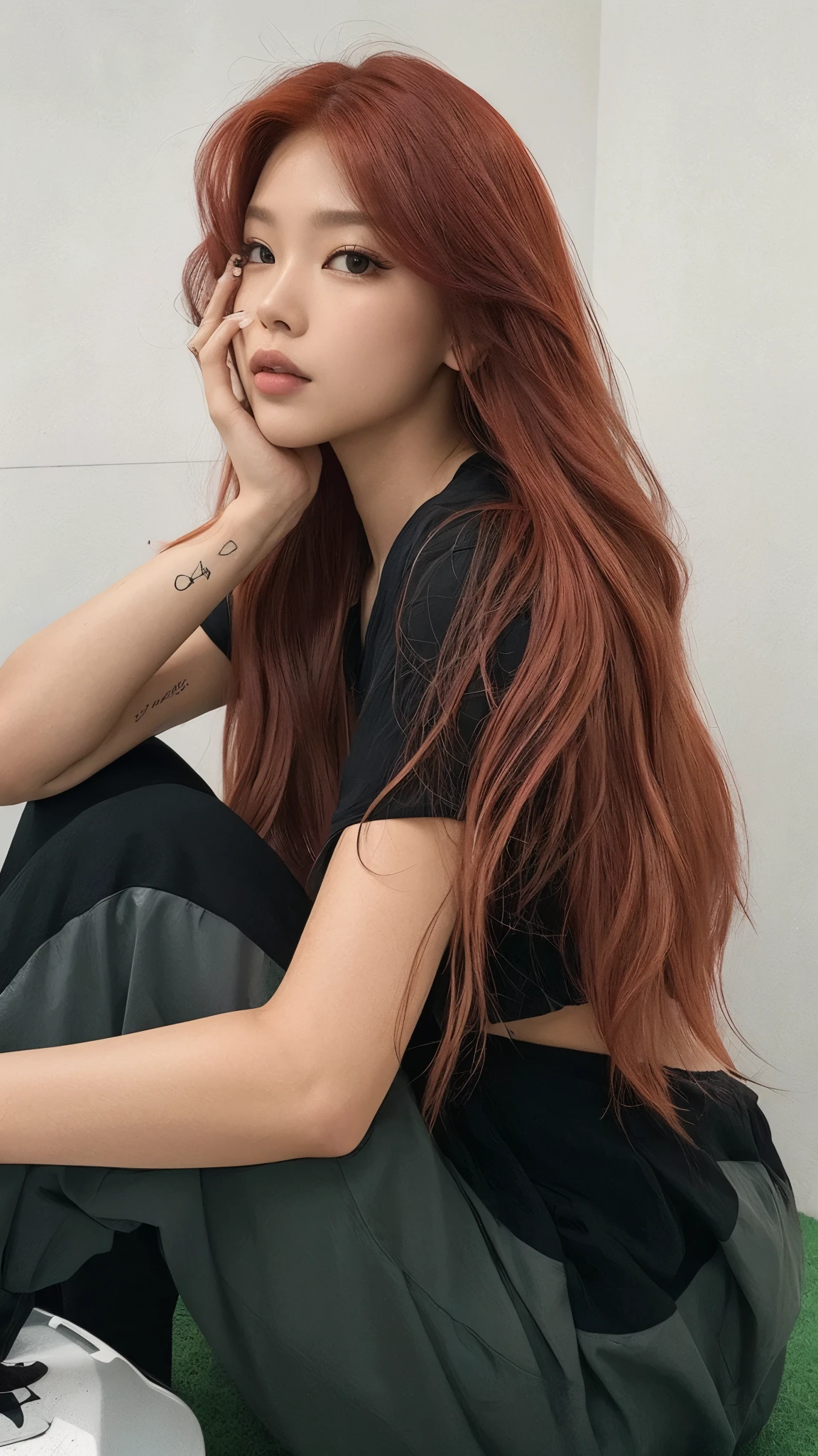 there is a woman com cabelo ruivo sitting on a toilet, with longos cabelos ruivos, red Cabelo longo, Cabelo longo , Cor total, brown red Cabelo longo, longos cabelos ruivos, ela tem cabelo longo redoranjado, with Cabelo longo, long flowing red hair, red hair and attractive features, com cabelo ruivo, longos cabelos vermelhos claros, very long flowing red hair, jennie kim, blackpink jennie
